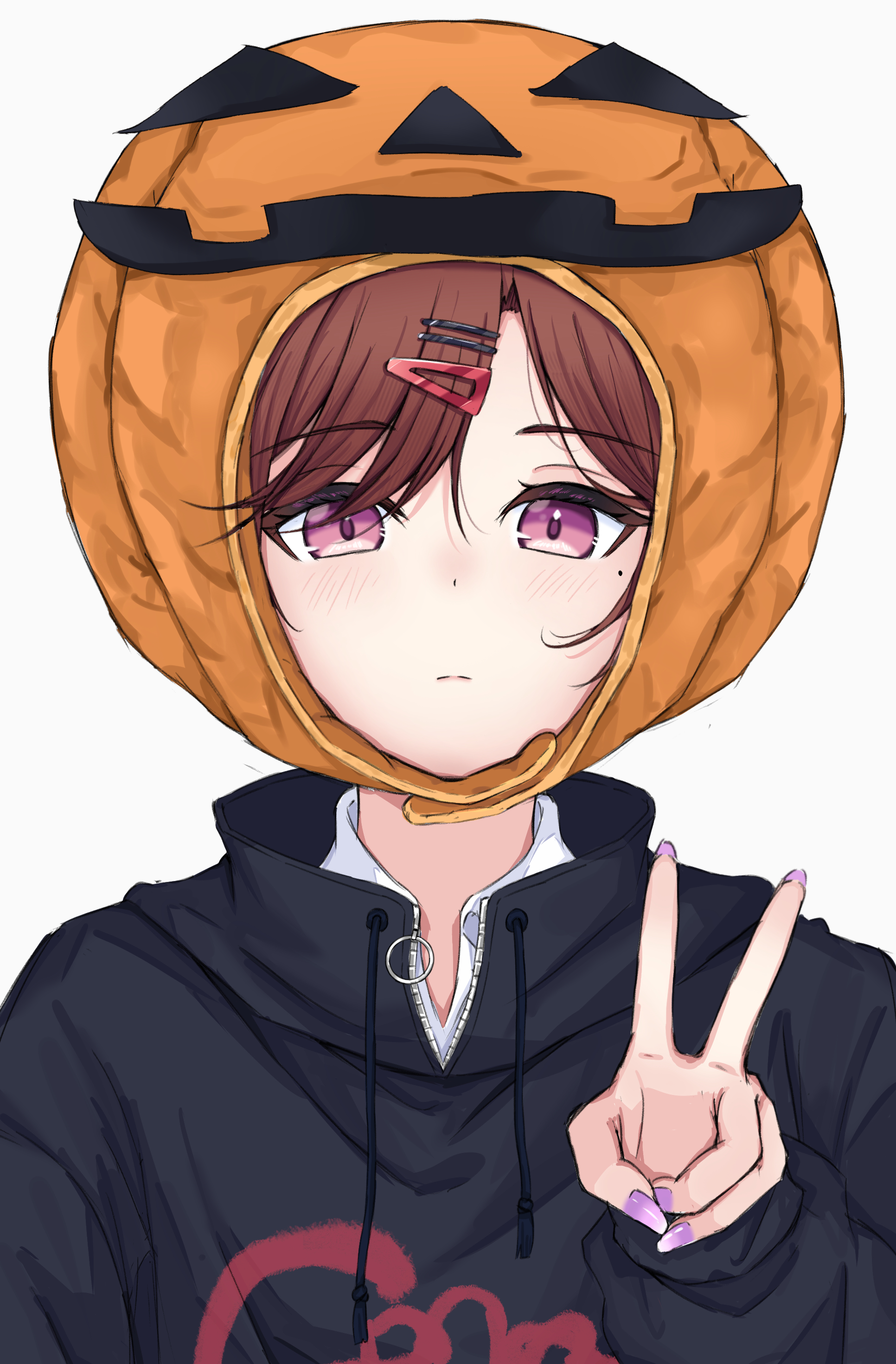 hahahahafyz, higuchi madoka, idolmaster, idolmaster shiny colors, absurdres, highres, 1girl, black sweater, blush, brown hair, collared shirt, fangs, hair ornament, hairclip, halloween, halloween costume, happy halloween, hat, long sleeves, mole, mole under eye, pumpkin, pumpkin hat, purple eyes, shirt, short hair, skin fangs, sweater, swept bangs, trick or treat, white shirt