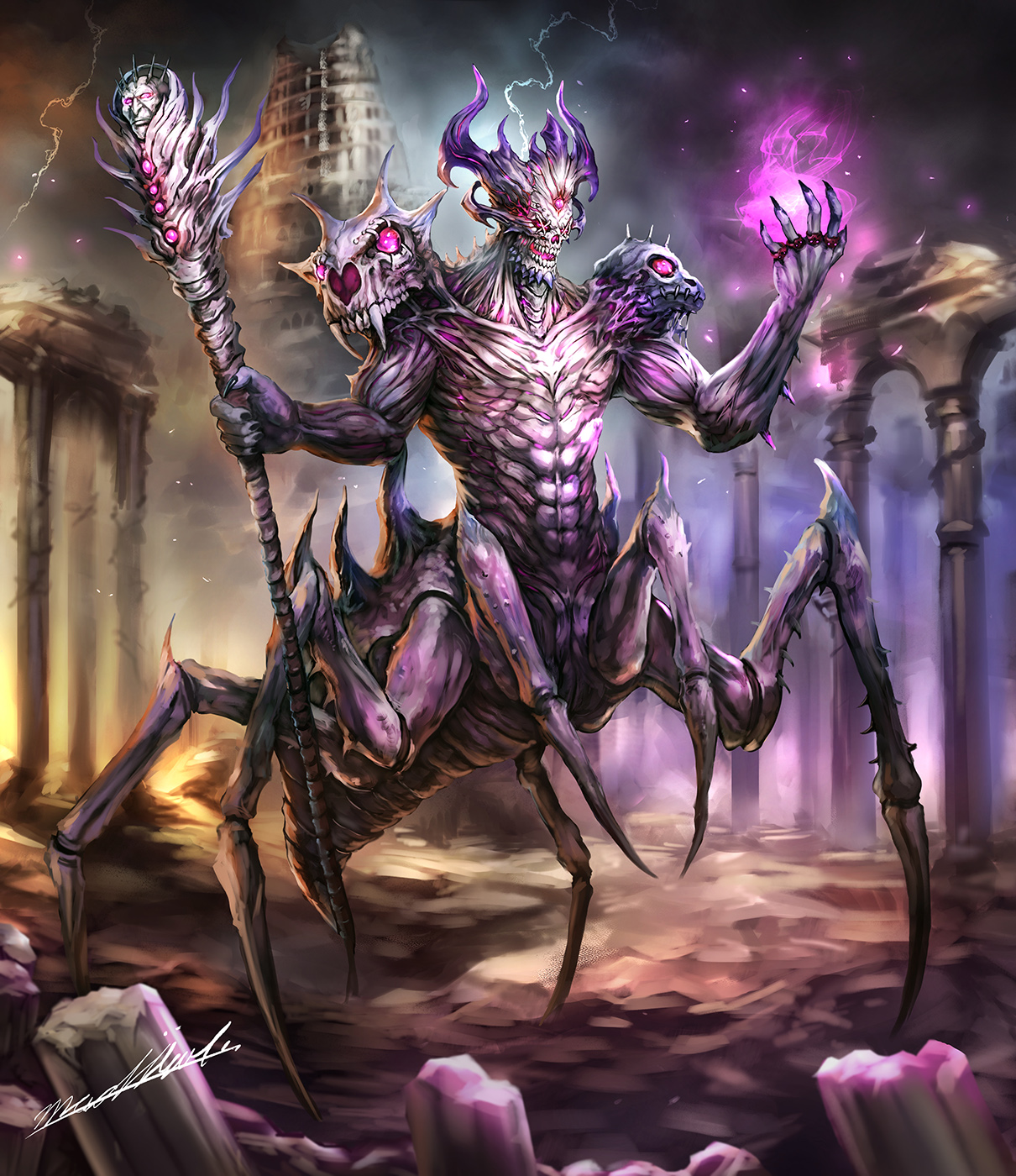 madowl, ars goetia, highres, animal skull, babylon, bael (ars goetia), black nails, building, cat skull, cloud, exoskeleton, extra legs, full body, glowing, glowing hand, holding, holding staff, horns, magic, multiple heads, muscular, open mouth, organic, pointy ears, red eyes, scenery, sharp teeth, skull, sky, solo, staff, stitched mouth, stitches, teeth, tower, tower of babel