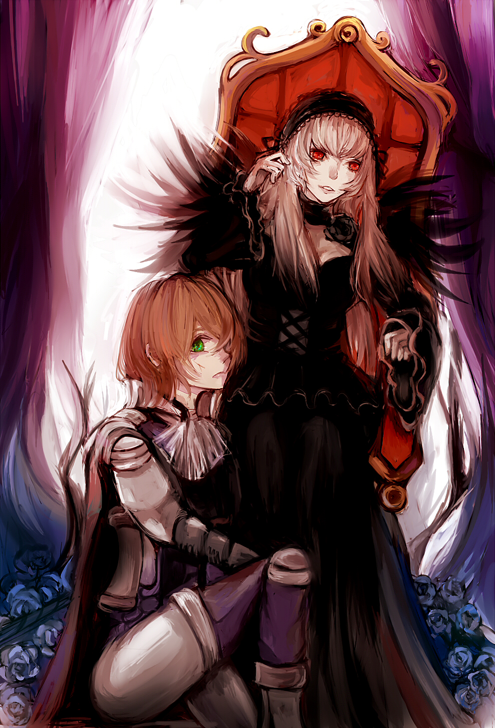 souseiseki, suigintou, rozen maiden, chinese commentary, commentary request, highres, 2girls, alternate costume, armor, ascot, black dress, black hairband, blue flower, blue rose, brown hair, closed mouth, dress, feet out of frame, flower, gothic lolita, green eyes, grey hair, hair over one eye, hairband, lolita fashion, lolita hairband, long hair, long sleeves, looking at viewer, multiple girls, pants, pauldrons, perilla, purple pants, red eyes, rose, shoulder armor, sitting, smile, throne, white ascot