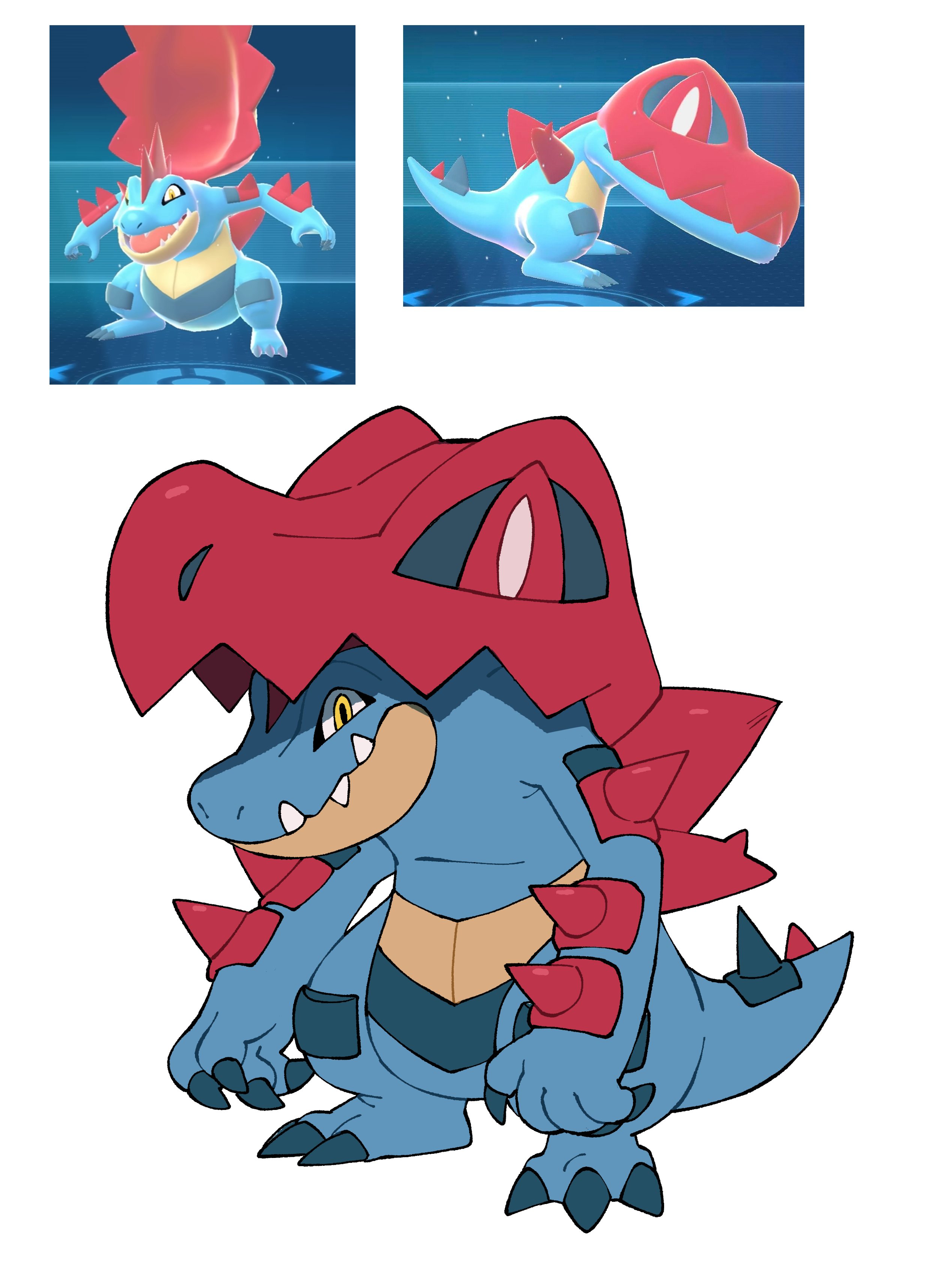 doodlelotl, feraligatr, mega feraligatr, nintendo, pokemon, absurdres, highres, claws, closed mouth, fangs, full body, game screenshot inset, gen 2 pokemon, hood, mega pokemon, no humans, open mouth, pokemon (creature), pokemon focus, sharp teeth, skin fangs, smile, spikes, tail, teeth, yellow eyes