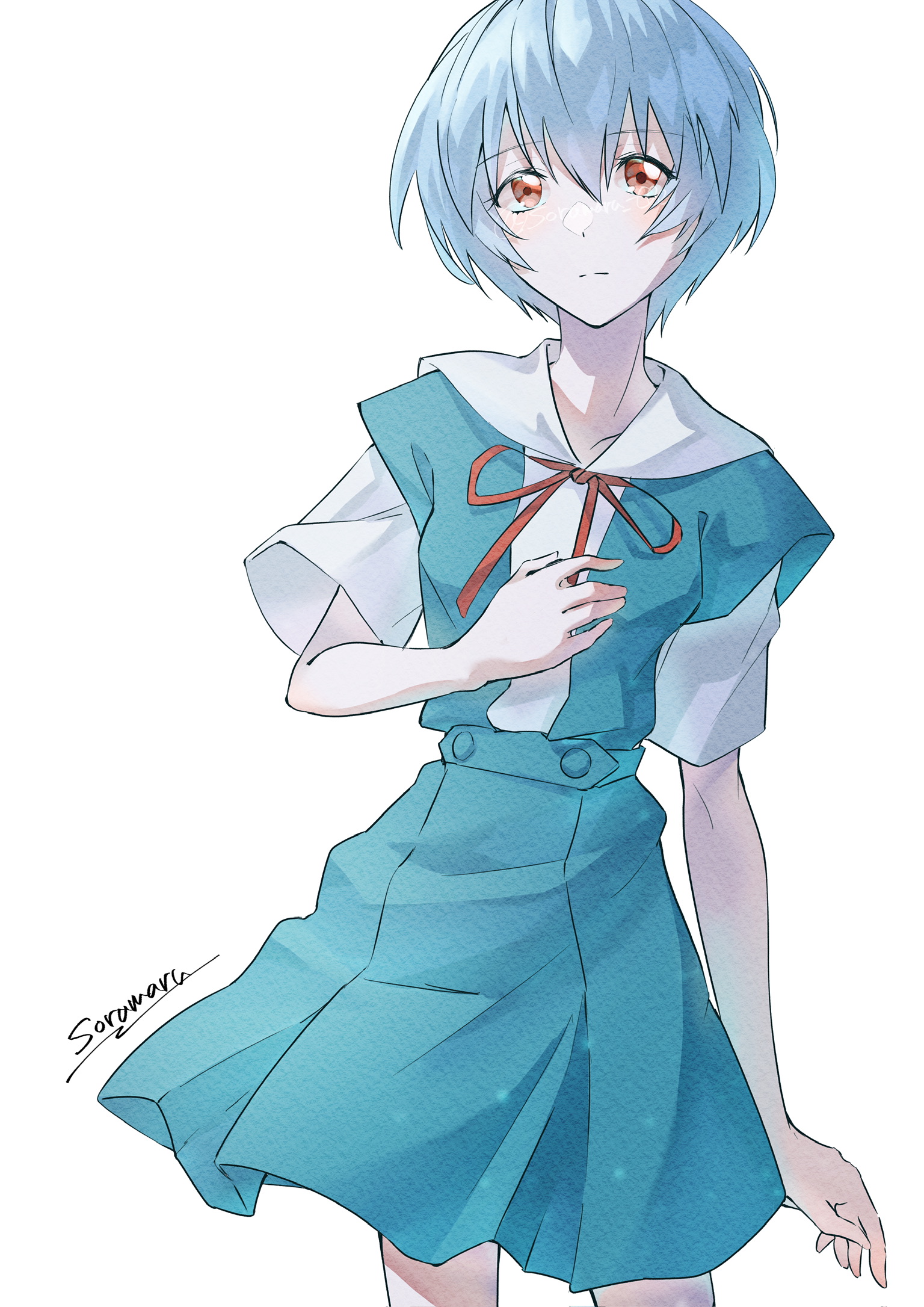 soramaru ell, ayanami rei, neon genesis evangelion, commentary request, highres, 1girl, blue hair, blue skirt, button up skirt, closed mouth, hair between eyes, hand on own chest, looking at viewer, red eyes, red ribbon, ribbon, sailor collar, school uniform, short hair, signature, simple background, skirt, solo, tokyo-3 middle school uniform, twitter username, white background, white sailor collar