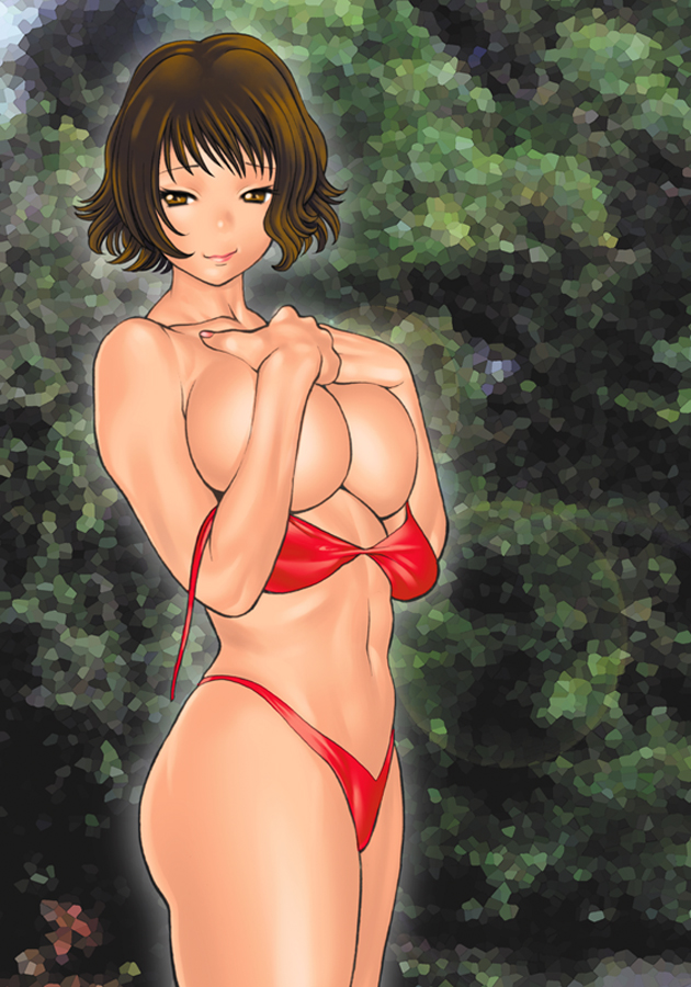 tamaki nozomu, original, 1girl, bikini, breasts, covering breasts, covering privates, female focus, huge breasts, large breasts, muscular, red bikini, short hair, solo, swimsuit, topless female