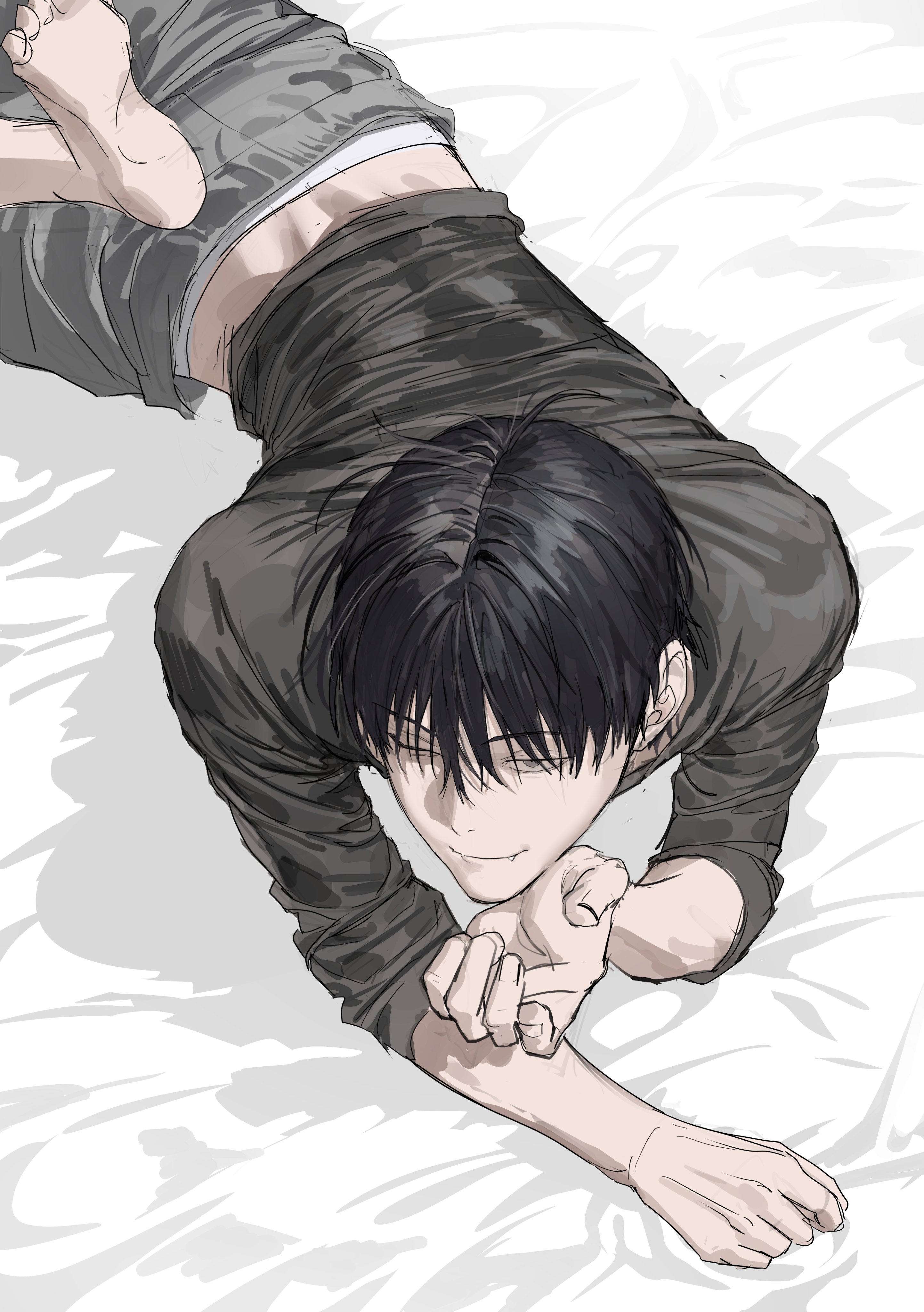 chamuring, absurdres, commentary request, highres, korean commentary, 1boy, barefoot, black hair, closed mouth, feet, from above, grey pants, han maru, long sleeves, lying, male focus, male underwear, male underwear peek, on stomach, pants, short hair, sleeves pushed up, soles, solo, special civil servant, underwear, white male underwear