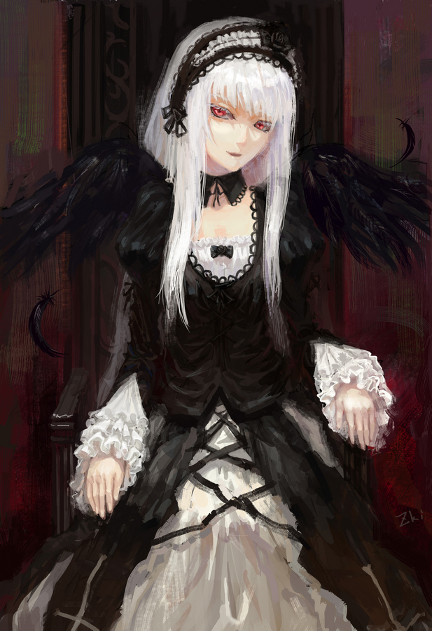 tuzki, suigintou, rozen maiden, chinese commentary, commentary request, 1girl, black collar, black dress, black flower, black hairband, black rose, brown background, closed mouth, collar, cowboy shot, cross, cross-laced clothes, cross-laced dress, cross print, detached collar, dress, flower, frilled dress, frilled hairband, frills, gothic lolita, hairband, juliet sleeves, layered dress, lolita fashion, lolita hairband, long hair, long sleeves, looking at viewer, painterly, puffy sleeves, red eyes, rose, smile, solo, white dress, white hair
