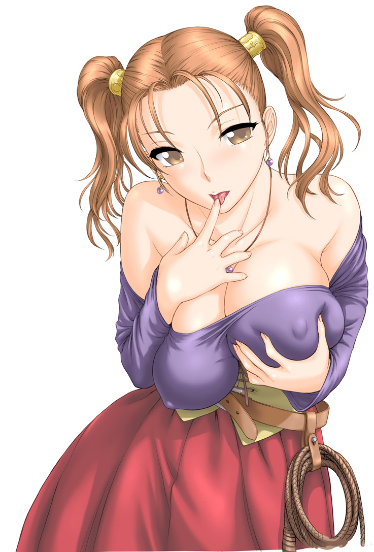 st.germain-sal, jessica albert, dragon quest, dragon quest viii, square enix, 1girl, bare shoulders, breast lift, breasts, breasts squeezed together, brown eyes, brown hair, covered erect nipples, dress, earrings, female focus, grabbing another's breast, groping, huge breasts, jewelry, no bra, off shoulder, orange hair, purple shirt, shirt, solo, strapless, strapless dress, twintails