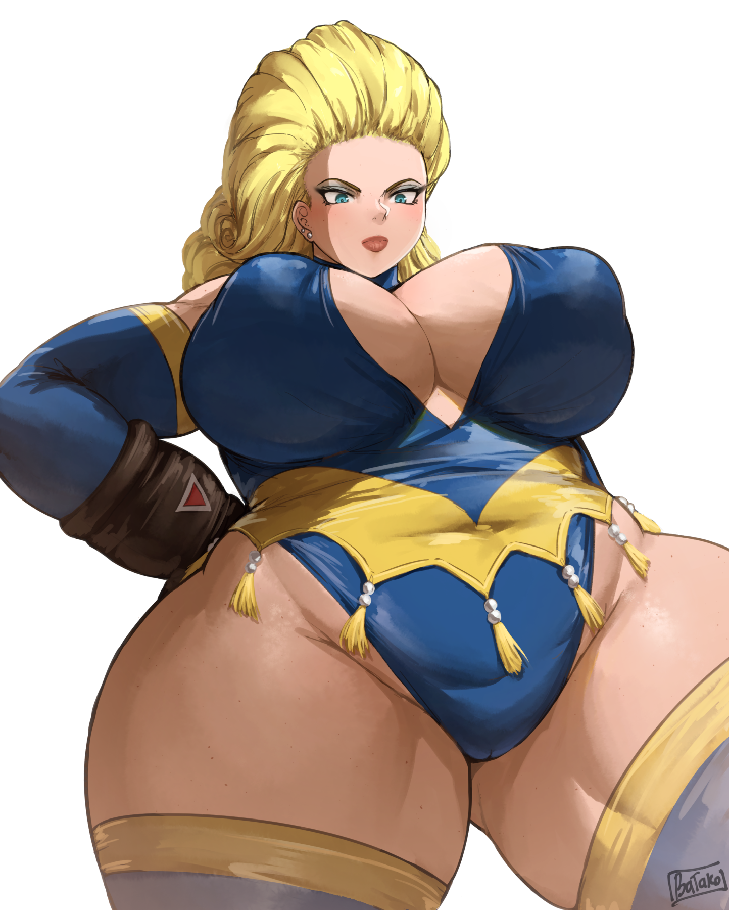 batako (batakoart), mary ivonskaya, tobal 2, tobal no. 1, highres, 1girl, big hair, blonde hair, blue eyes, blush, breasts, cleavage, covered erect nipples, curvy, huge breasts, large breasts, leotard, long hair, mature female, mohawk, plump, simple background, solo, thick arms, thick thighs, thighs, white background, wide hips