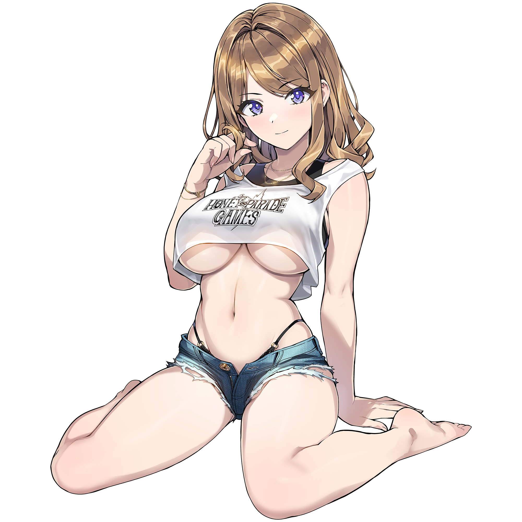 ootomo takuji, suminoe shion, dolphin wave, game cg, highres, non-web source, official art, barefoot, bikini, breasts, brown hair, closed mouth, crop top, denim, denim shorts, large breasts, looking at viewer, medium hair, official alternate costume, open fly, purple eyes, see-through clothes, see-through shirt, shirt, shorts, sitting, smile, swimsuit, thong bikini, transparent background, underboob, wariza, wavy hair