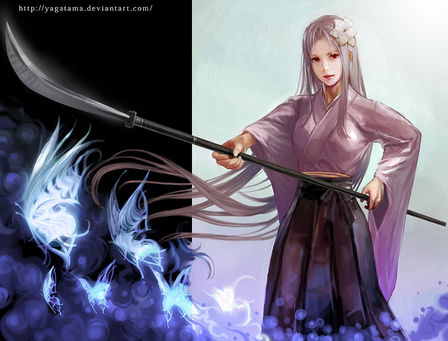 jasmine t, isayama mei, ga-rei, ga-rei zero, 00s, ga-rei zerio, japanese clothes, long hair, naginata, polearm, very long hair, weapon