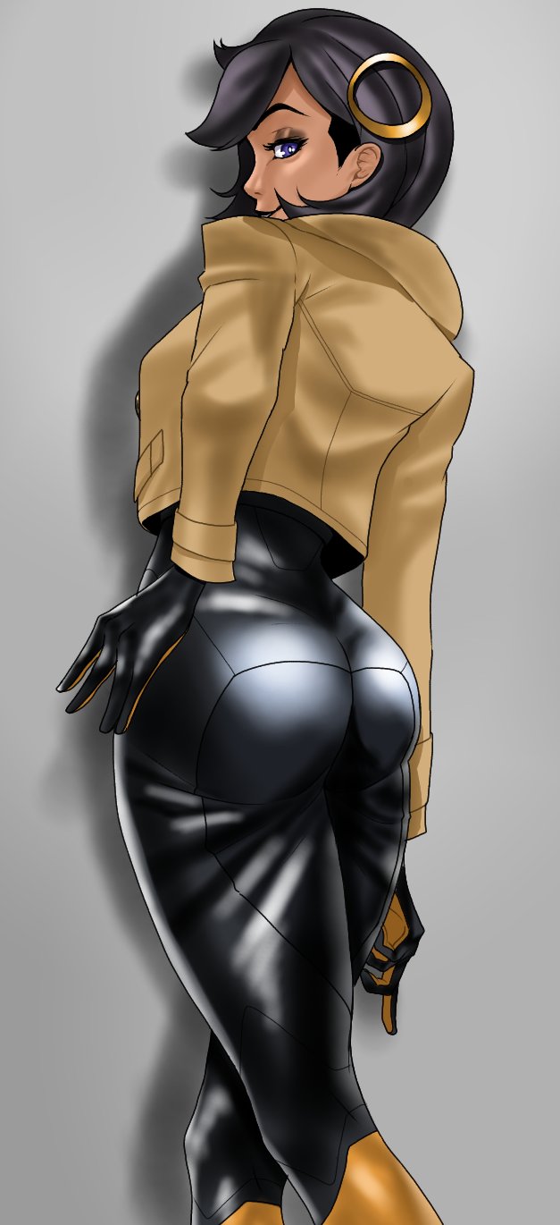elementals gaming (gami1), emma (pokemon), nintendo, pokemon, pokemon legends: z-a, highres, 1girl, black bodysuit, black hair, blue eyes, bodysuit, bodysuit under clothes, brown jacket, dark-skinned female, dark skin, from behind, gloves, hair ornament, jacket, looking at viewer, purple eyes, short hair, simple background, smile