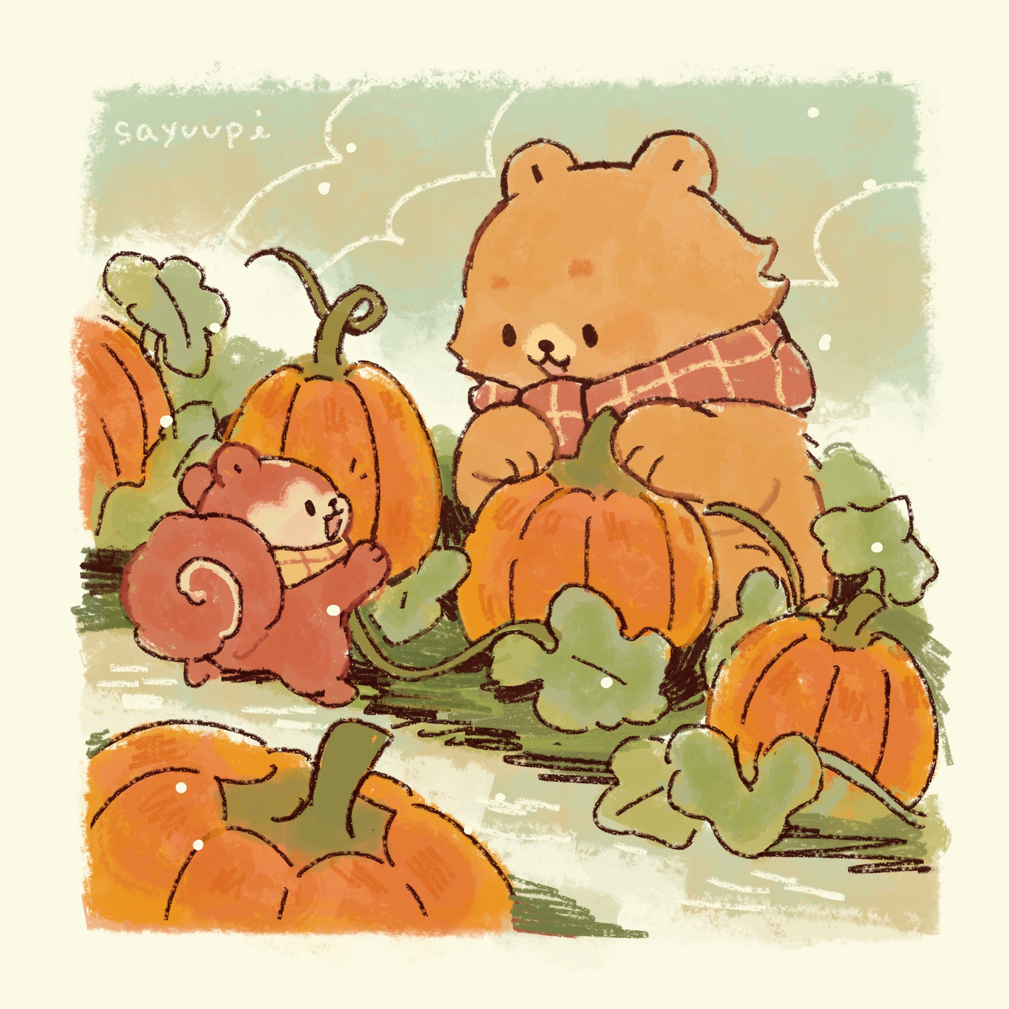 sayuupi, original, commentary, english commentary, highres, animal, artist name, bear, black eyes, blush, no humans, open mouth, pumpkin, scarf, smile, squirrel