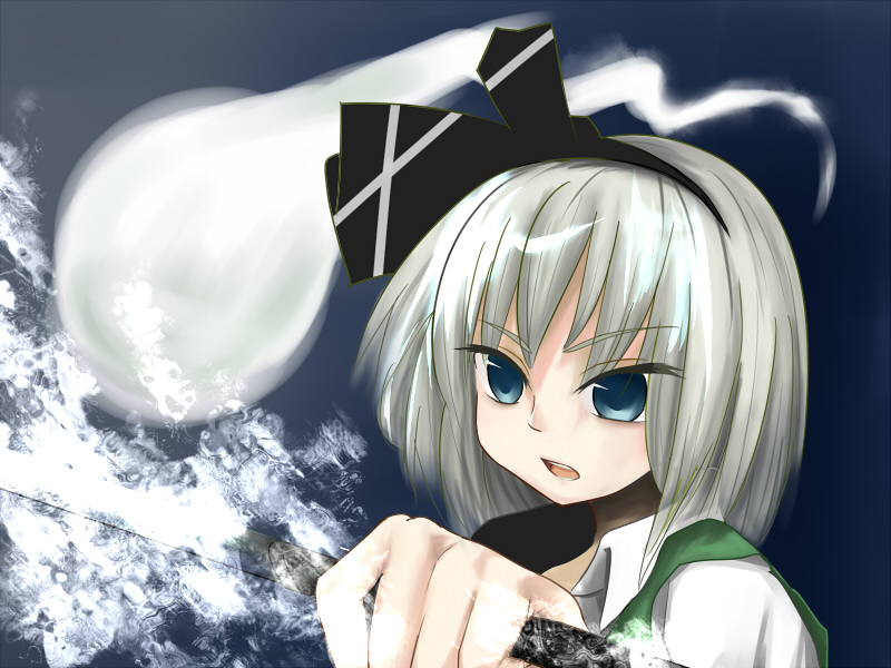 yamu (yamuyama web), konpaku youmu, konpaku youmu (ghost), touhou, silver hair, 1girl, female focus, hitodama, katana, ribbon, solo, sword, weapon