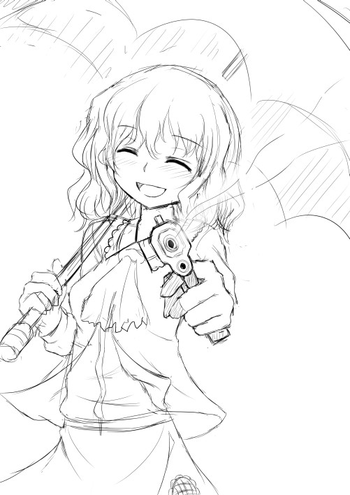 natsu no koucha, kazami yuuka, touhou, 1girl, ascot, closed eyes, female focus, greyscale, gun, handgun, monochrome, open mouth, pistol, smile, solo, umbrella, weapon
