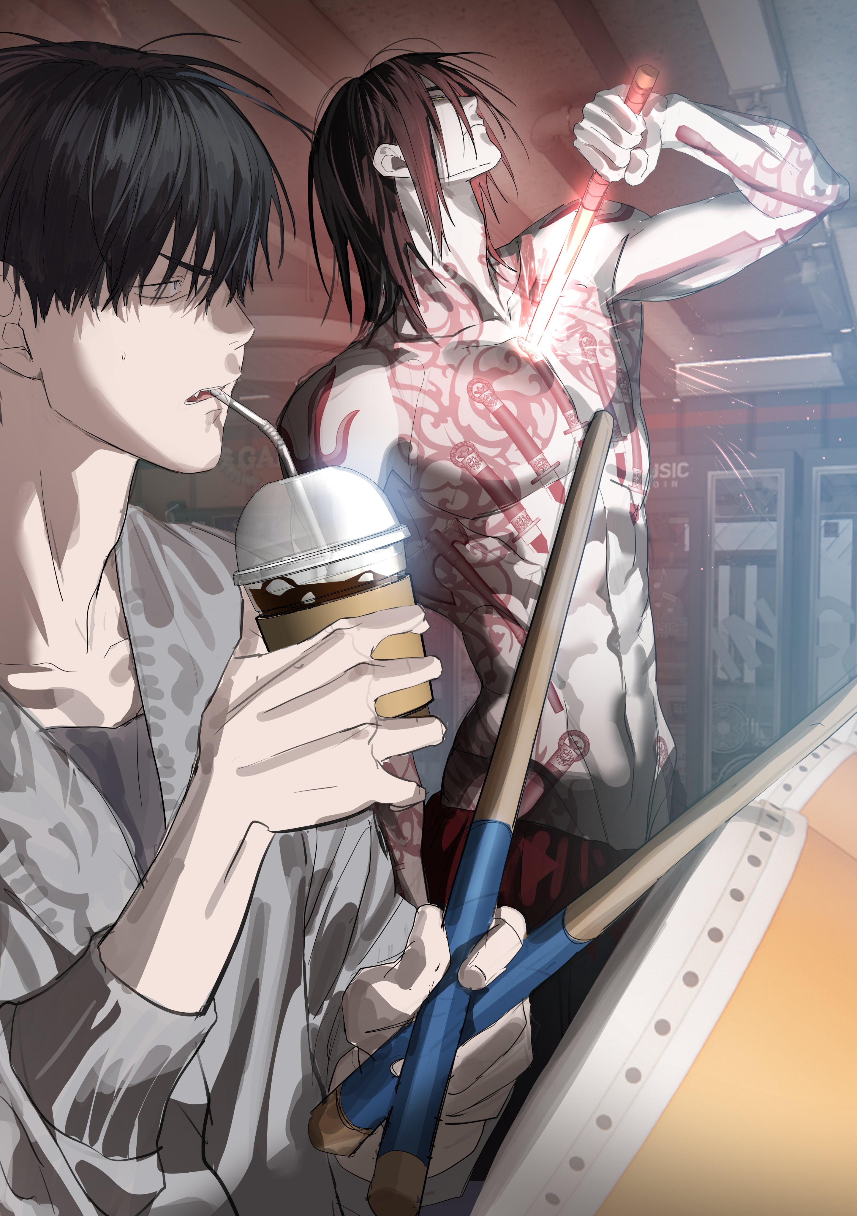 chamuring, absurdres, character request, commentary request, hashtag-only commentary, highres, korean commentary, 2boys, abs, adam's apple, arm tattoo, black hair, chest tattoo, coffee, collarbone, cup, disposable cup, drinking straw, full-body tattoo, han maru, iced coffee, male focus, multiple boys, neck tattoo, pants, pectorals, short hair, special civil servant, tattoo, topless male