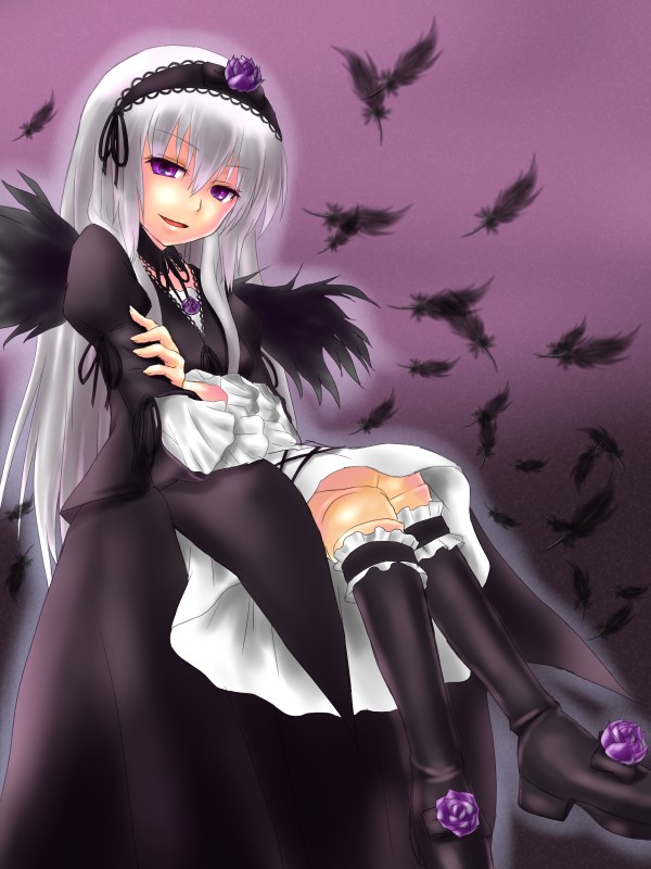 natsu no koucha, suigintou, rozen maiden, silver hair, 00s, 1girl, :d, black socks, female focus, frilled thigh strap, frills, gothic lolita, hairband, kneehighs, lolita fashion, lolita hairband, long hair, looking at viewer, open mouth, pink eyes, smile, socks, solo, thigh strap, very long hair