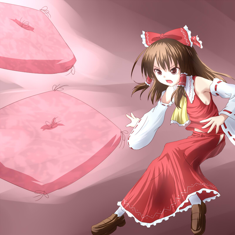 natsu no koucha, hakurei reimu, imperishable night, touhou, 1girl, armpits, battle, bow, brown eyes, brown hair, cushion, detached sleeves, female focus, gradient background, hair bow, japanese clothes, long hair, miko, no bra, parody, skirt, solo