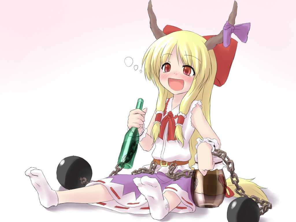 natsu no koucha, ibuki suika, touhou, 1girl, :d, arm support, blonde hair, blush, chain, child, drunk, feet, female focus, happy, horns, no shoes, open mouth, ribbon, sitting, smile, socks, solo, vest