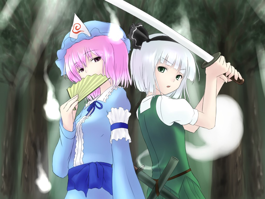 natsu no koucha, konpaku youmu, konpaku youmu (ghost), saigyouji yuyuko, touhou, 2girls, female focus, hand fan, hitodama, japanese clothes, katana, multiple girls, sword, weapon