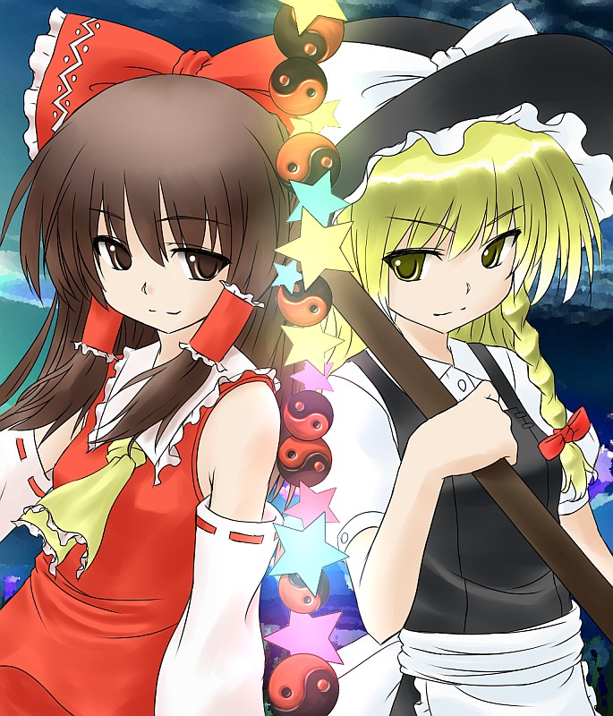 natsu no koucha, hakurei reimu, kirisame marisa, touhou, 2girls, blonde hair, broom, detached sleeves, female focus, hat, japanese clothes, miko, multiple girls, ribbon, star (symbol), witch, witch hat, yin yang