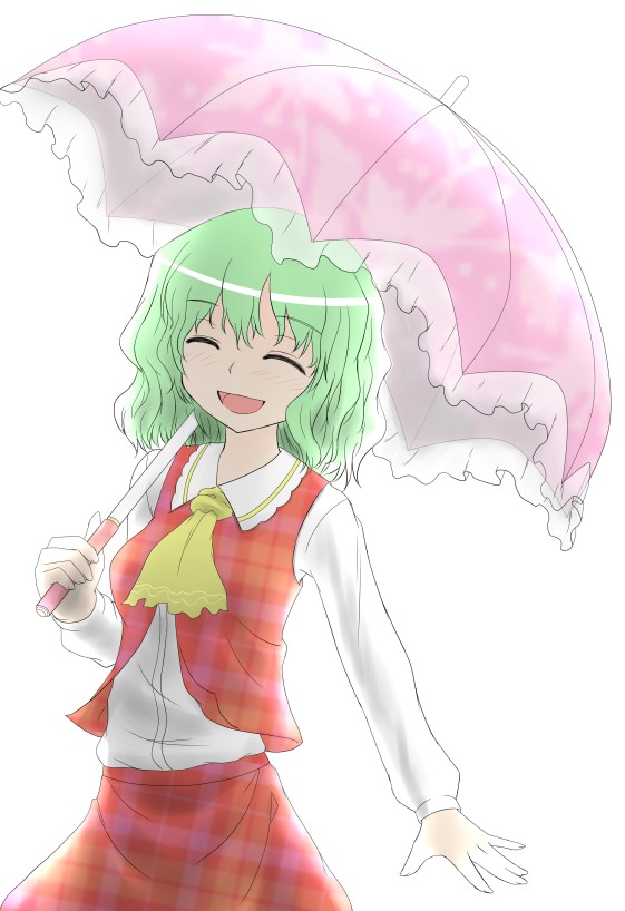 natsu no koucha, kazami yuuka, touhou, 1girl, :d, ascot, closed eyes, female focus, green hair, open mouth, parasol, plaid clothes, plaid skirt, plaid vest, short hair, simple background, skirt, skirt set, smile, solo, umbrella, unmoving pattern, vest, white background