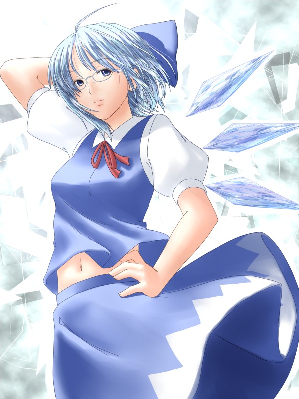 natsu no koucha, cirno, embodiment of scarlet devil, touhou, 1girl, aged up, bespectacled, blue eyes, blue hair, female focus, glasses, matching hair/eyes, skirt, solo, white background, wings
