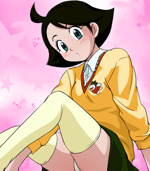 haruyama kazunori, yamaoka mitsuko, mister ajikko, 1girl, ahoge, aqua eyes, black hair, blue eyes, blush, bob cut, female focus, green eyes, looking at viewer, miniskirt, panties, pantyshot, short hair, skirt, solo, star (symbol), sweater, thighhighs, underwear, white panties, zettai ryouiki