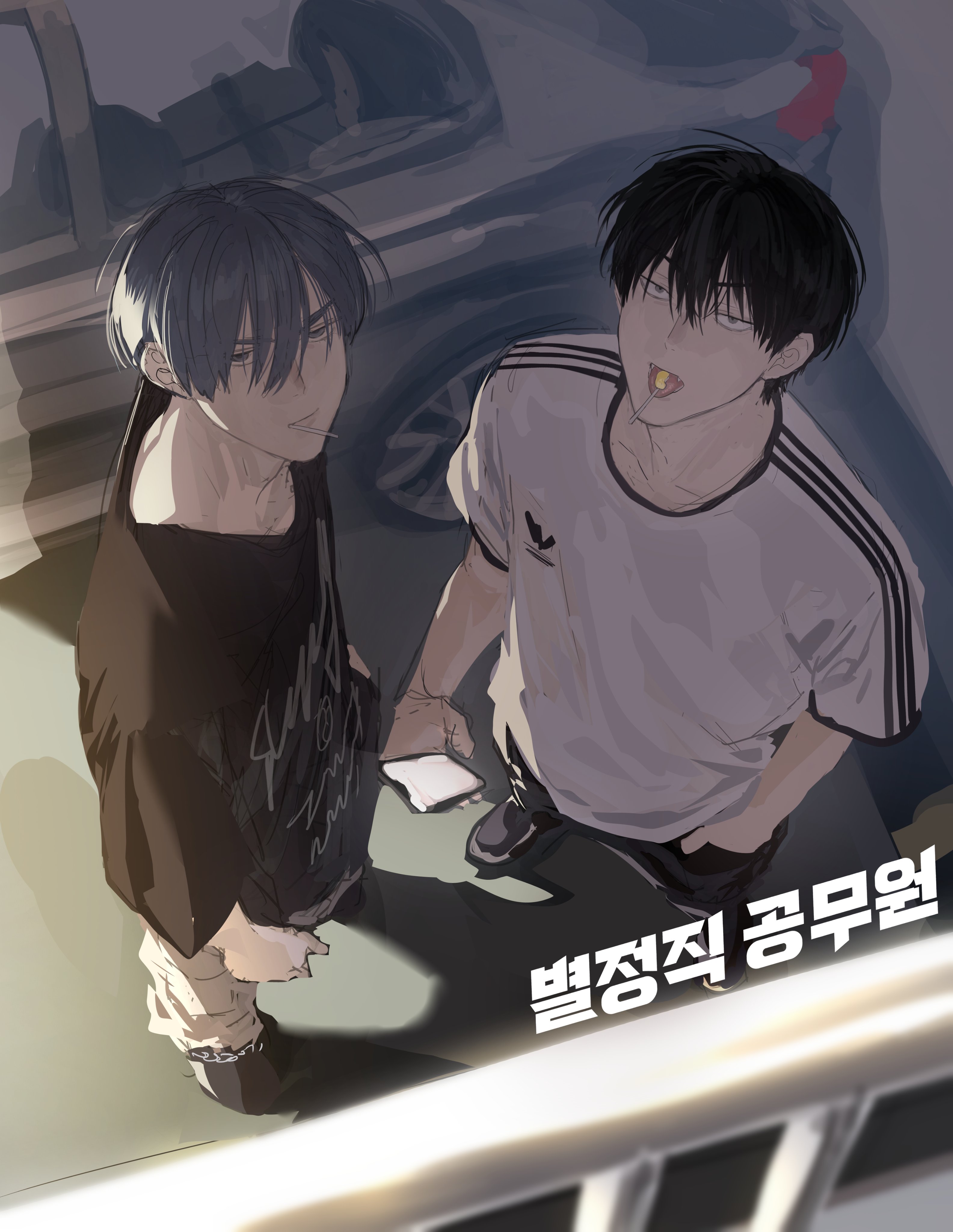 chamuring, absurdres, character request, commentary request, highres, korean commentary, translation request, 2boys, black hair, blue hair, car, cellphone, from above, hair between eyes, han maru, holding, holding phone, korean text, lollipop in mouth, male focus, motor vehicle, multiple boys, phone, seon-woo eden, short hair, smartphone, special civil servant, standing