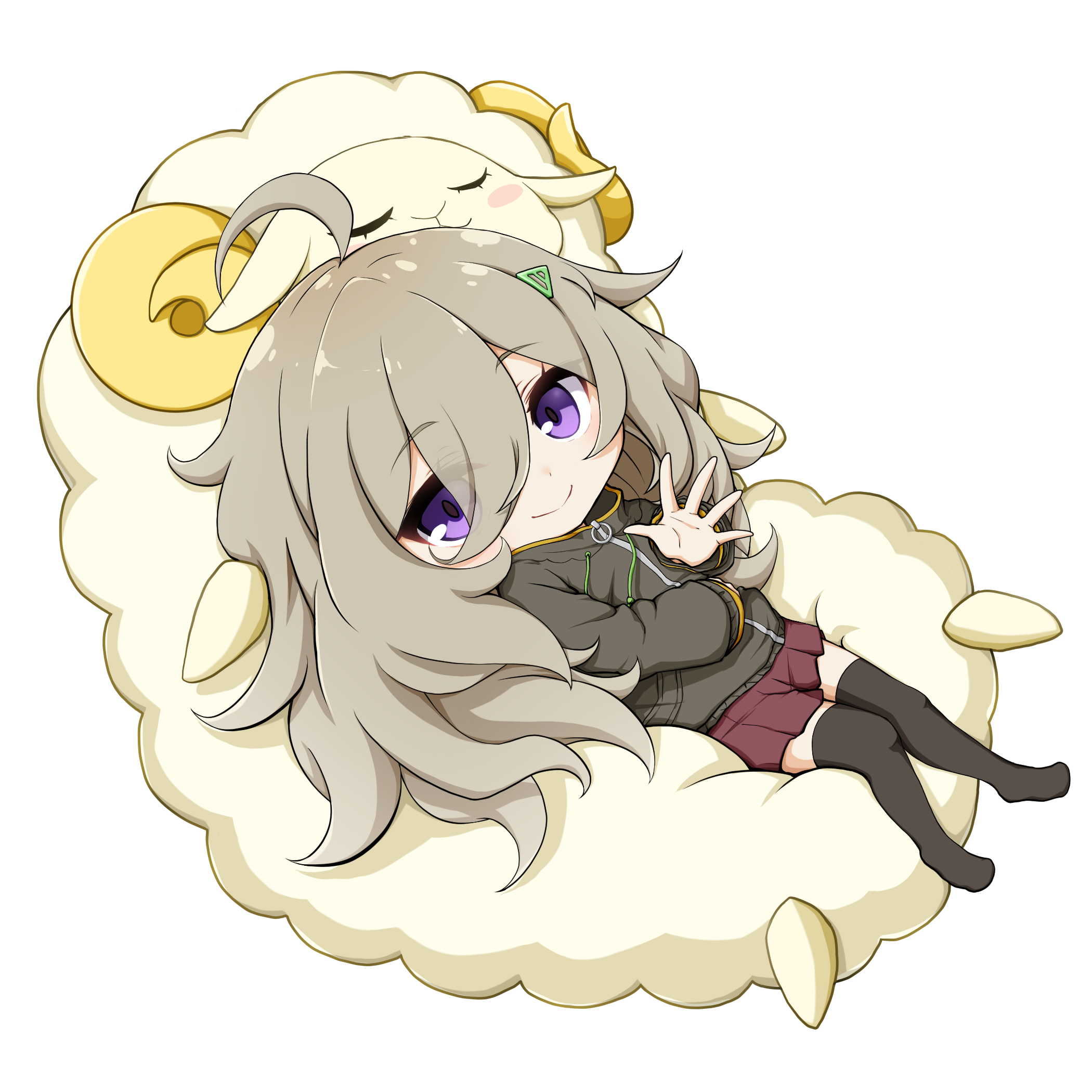 kuena, higa tsutsuji, hibi wa sugiredo meshi umashi, highres, 1girl, ahoge, black thighhighs, brown skirt, chibi, closed mouth, drawstring, full body, grey hair, grey jacket, hair between eyes, hair ornament, hairclip, jacket, long hair, long sleeves, looking at viewer, no shoes, pleated skirt, puffy long sleeves, puffy sleeves, purple eyes, simple background, skirt, smile, solo, thighhighs, very long hair, white background