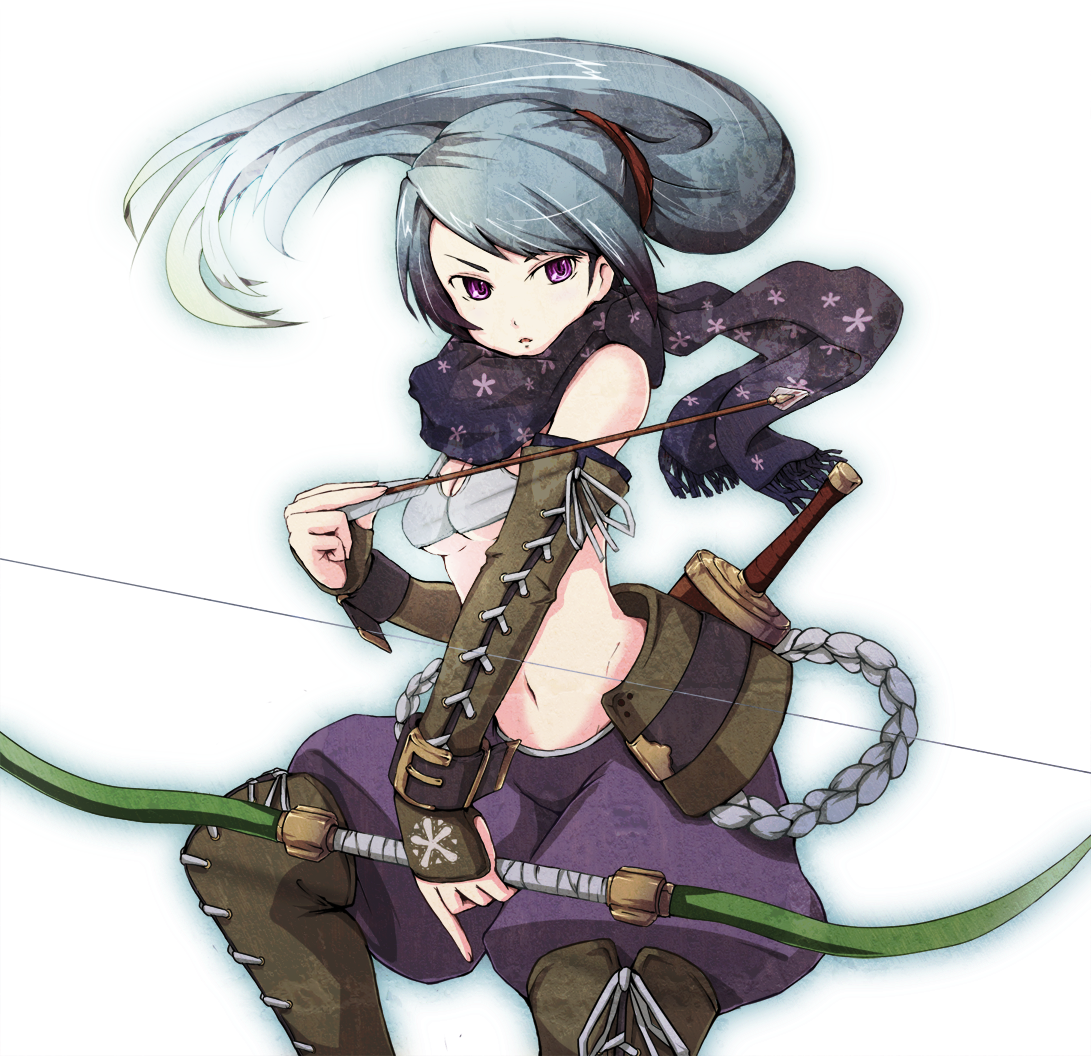 crost, melk (7th dragon), rogue (7th dragon), 7th dragon, 7th dragon (series), 1girl, arrow (projectile), blue hair, bow (weapon), female focus, midriff, ponytail, purple eyes, scarf, solo, weapon