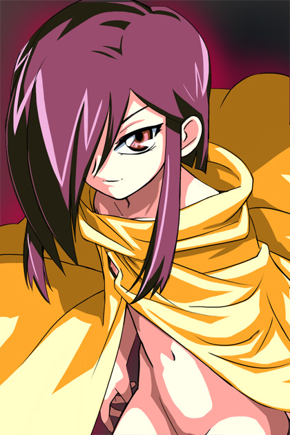 haruyama kazunori, palus abel, yuusha ou gaogaigar final, yuusha series, 1girl, female focus, flat chest, hair over one eye, loli, long hair, nipple slip, nipples, no panties, pink eyes, purple hair, solo