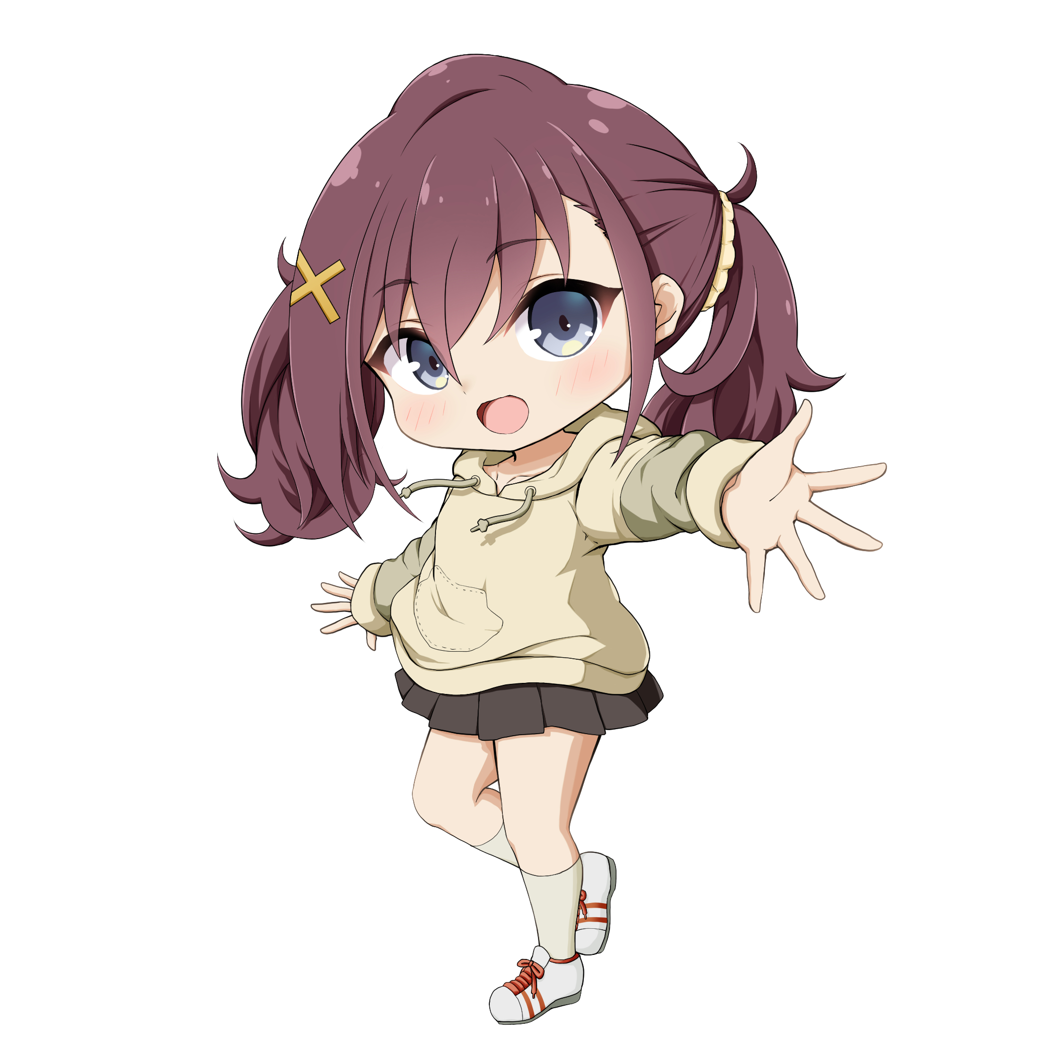 kuena, furutachi kurea, hibi wa sugiredo meshi umashi, highres, 1girl, black skirt, brown hair, brown hoodie, brown socks, chibi, drawstring, full body, grey eyes, hair between eyes, hair ornament, hood, hood down, hoodie, long sleeves, outstretched arm, pleated skirt, shoes, simple background, skirt, socks, solo, standing, standing on one leg, twintails, white background, white shoes, x hair ornament