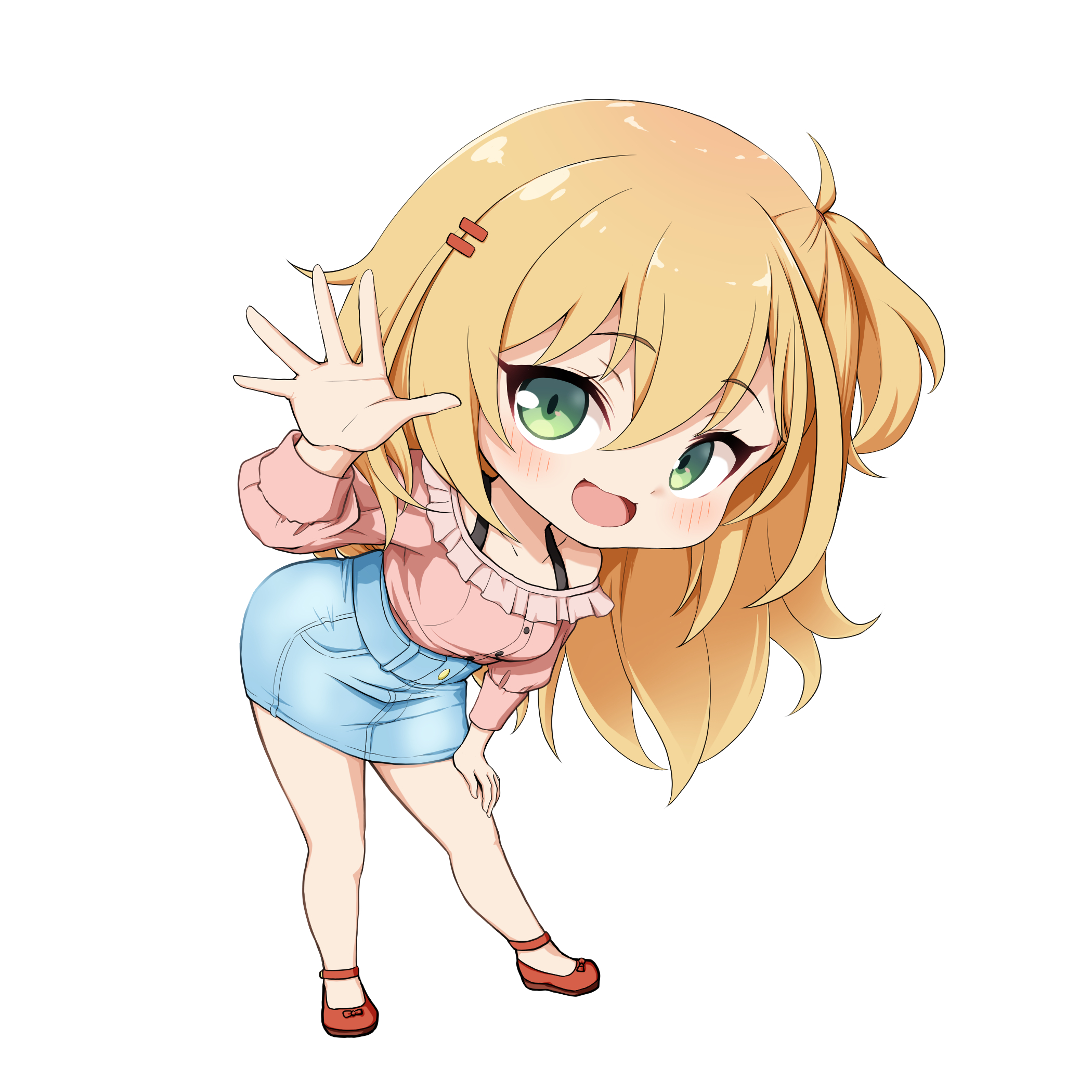 kuena, hoshi nana, hibi wa sugiredo meshi umashi, highres, 1girl, :d, arm support, blonde hair, blue skirt, blush, chibi, denim, denim skirt, frilled shirt, frills, full body, green eyes, hair ornament, hairclip, hand on own thigh, hand up, leaning forward, long hair, long sleeves, looking at viewer, off-shoulder shirt, off shoulder, one side up, open mouth, pink shirt, puffy long sleeves, puffy sleeves, red shoes, shirt, shoes, simple background, skirt, smile, solo, standing, very long hair, white background