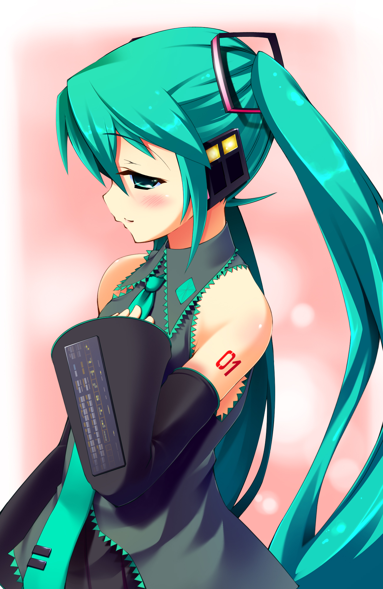 amakara surume, surume (pixiv3908), hatsune miku, vocaloid, bad id, bad pixiv id, highres, 1girl, aqua eyes, aqua hair, blush, detached sleeves, female focus, hand on own chest, long hair, necktie, solo, twintails, very long hair