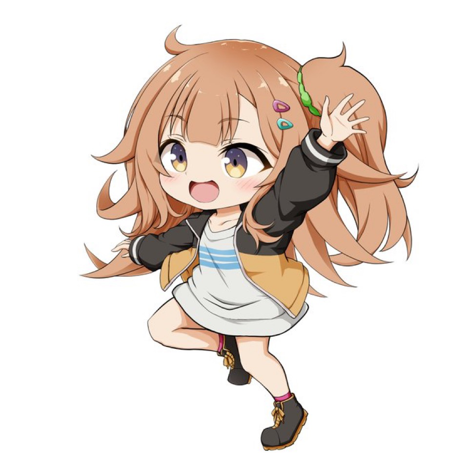 kuena, ogawa shinon, hibi wa sugiredo meshi umashi, 1girl, :d, black jacket, black shoes, blush, brown eyes, brown hair, chibi, collarbone, full body, grey shirt, hair ornament, hairclip, jacket, long hair, long sleeves, one side up, open clothes, open jacket, open mouth, puffy long sleeves, puffy sleeves, purple socks, shirt, shoes, simple background, smile, socks, solo, standing, standing on one leg, very long hair, white background