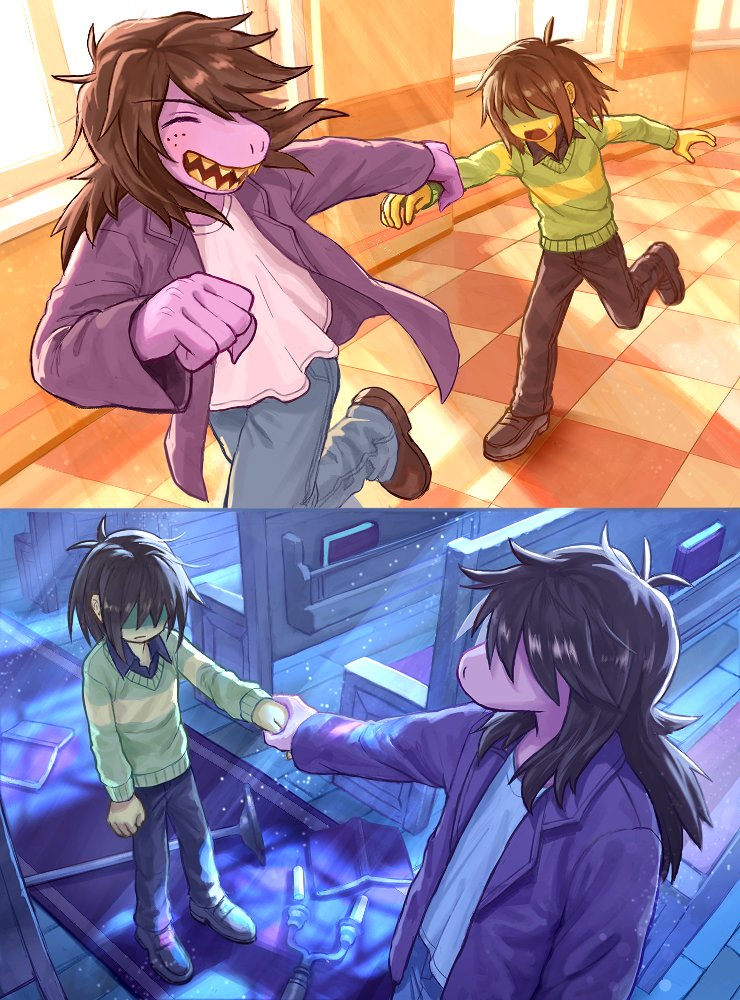 amber graygamma, kris (deltarune), susie (deltarune), deltarune, utdr (toby fox), 1girl, 1other, ^ ^, antenna hair, blue pants, book, brown hair, brown pants, brown shoes, candlestand, closed eyes, colored skin, covered eyes, denim, expressionless, freckles, from above, green sweater, holding another's wrist, holding hands, jacket, jeans, light rays, long hair, open mouth, outstretched arm, pants, pew, pink skin, purple jacket, running, shaded face, sharp teeth, shoes, short hair, standing, sweater, teeth, tile floor, tiles