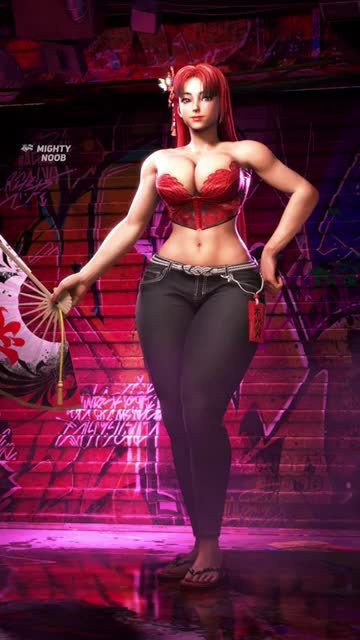 shiranui mai, fatal fury, snk, street fighter, street fighter 6, animated, audible music, mod, sound, tagme, video, 1girl, 3d, alternate color, alternate costume, alternate hair color, ass, bare shoulders, black jeans, breasts, bustier, cleavage, denim, female focus, hand fan, holding, holding fan, huge ass, jeans, large breasts, midriff, multiple views, navel, official alternate hairstyle, pants, red bustier, red hair, smile, solo, turnaround, watermark, wide hips