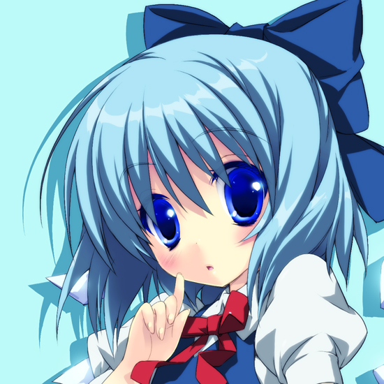 gotou nao, cirno, embodiment of scarlet devil, touhou, 1girl, blue eyes, blue hair, blush, female focus, matching hair/eyes, ribbon, short hair, simple background, solo, upper body, wings