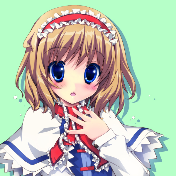 gotou nao, alice margatroid, touhou, 1girl, blonde hair, blue eyes, blush, female focus, hairband, ribbon, short hair, simple background, solo, upper body