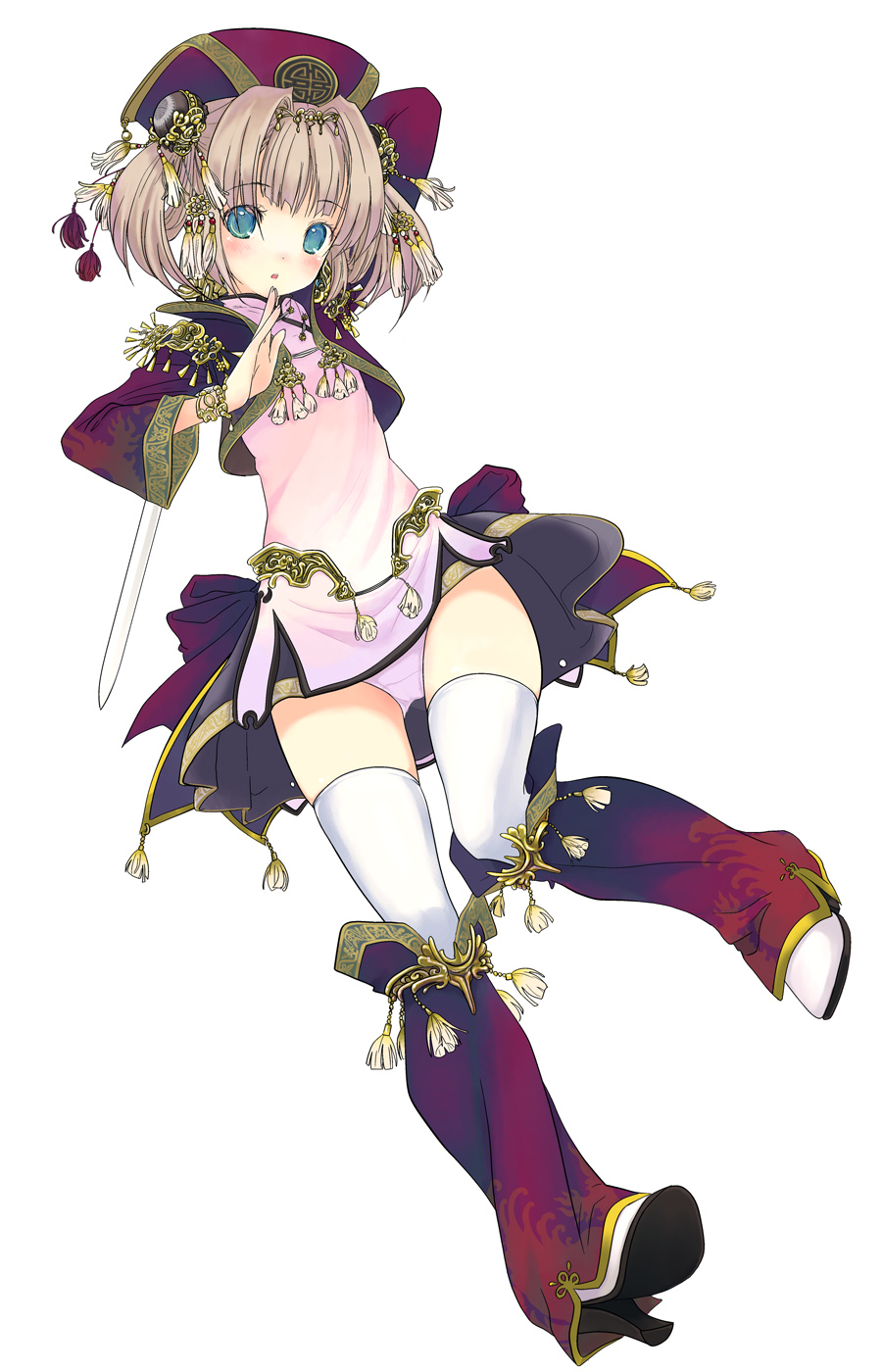 mikazukimo, original, highres, aqua eyes, boots, brown hair, hat, panties, pantyshot, short hair, solo, sword, thighhighs, underwear, weapon
