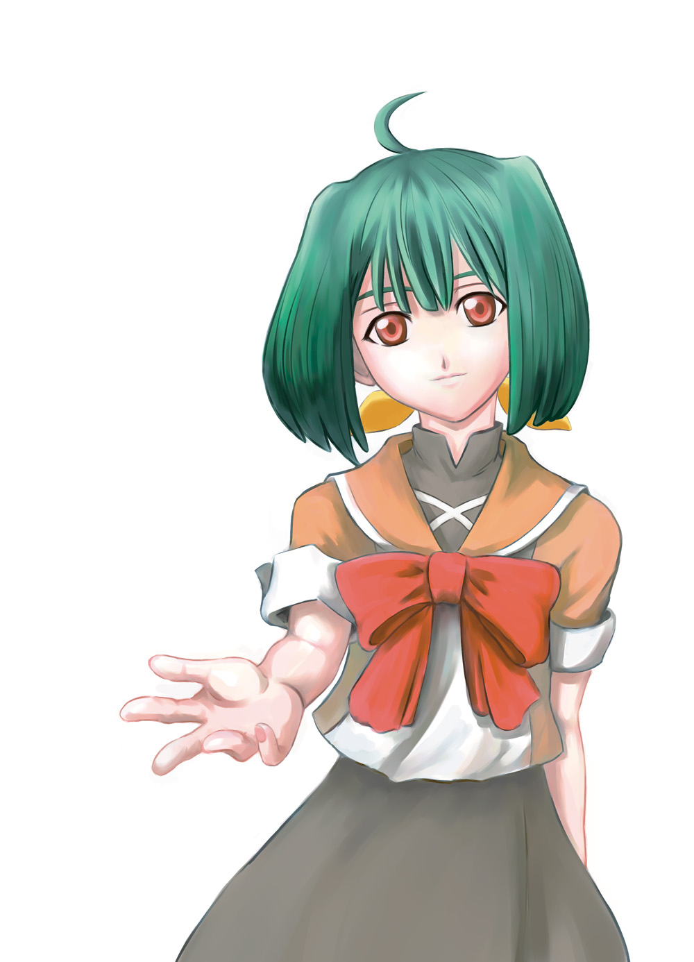 kokoko, kotower, ranka lee, macross, macross frontier, highres, 00s, 1girl, ahoge, black skirt, bow, female focus, green eyes, green hair, head tilt, large bow, light smile, looking at viewer, matching hair/eyes, red bow, red eyes, ribbon, sailor collar, school uniform, shirt, short hair, short sleeves, simple background, skirt, smile, solo, white background