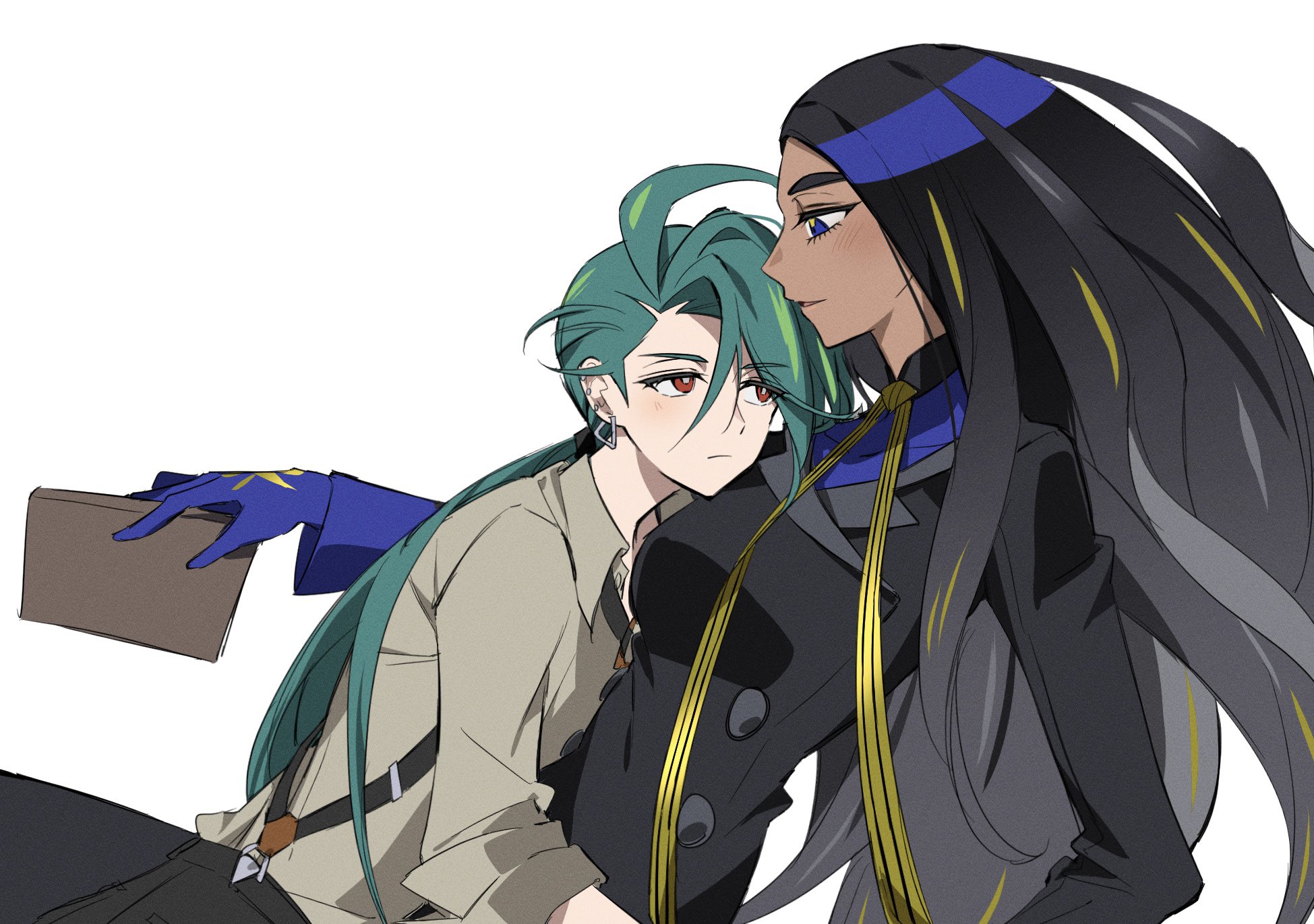 go mi 111, geeta (pokemon), rika (pokemon), nintendo, pokemon, pokemon sv, highres, 2girls, black hair, black jacket, blue eyes, blue gloves, bright pupils, buttons, double-breasted, earrings, expressionless, gloves, green hair, grey shirt, head on chest, jacket, jewelry, long hair, multiple girls, profile, red eyes, shirt, simple background, suspenders, swept bangs, triangle earrings, white background, white pupils, yuri