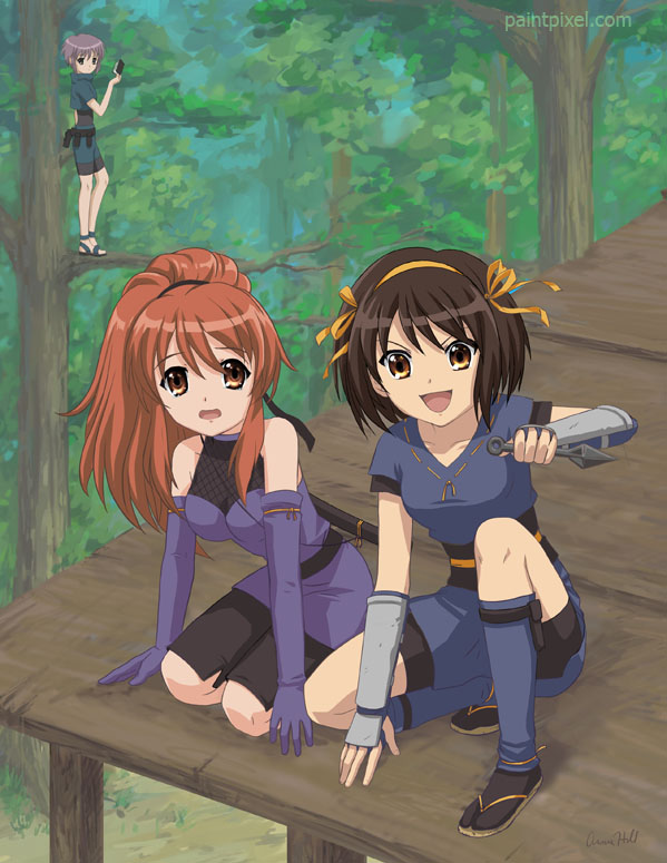 paintpixel, asahina mikuru, nagato yuki, suzumiya haruhi, suzumiya haruhi no yuuutsu, 00s, 3girls, elbow gloves, fishnets, gloves, kunai, multiple girls, ninja, tree, weapon