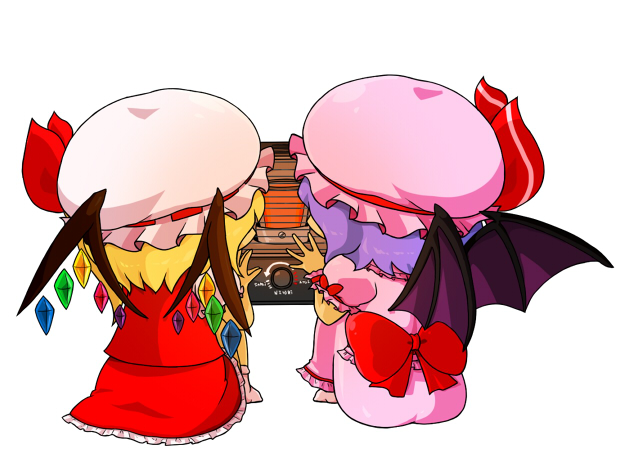 rii, flandre scarlet, remilia scarlet, touhou, 2girls, bat wings, blonde hair, blue hair, chibi, female focus, hat, heater, multiple girls, short hair, siblings, sisters, wings