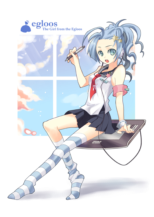 bosalim, zenninyoi, egloo-tan, original, bad id, bad pixiv id, 1girl, blue eyes, blue hair, drawing tablet, female focus, headphones, matching hair/eyes, necktie, school uniform, skirt, solo, thighhighs