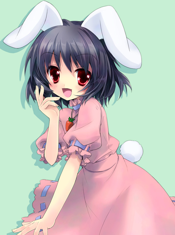 gotou nao, inaba tewi, touhou, 1girl, animal ears, black hair, carrot necklace, female focus, jewelry, necklace, rabbit ears, rabbit girl, rabbit tail, red eyes, short hair, simple background, solo, standing, tail