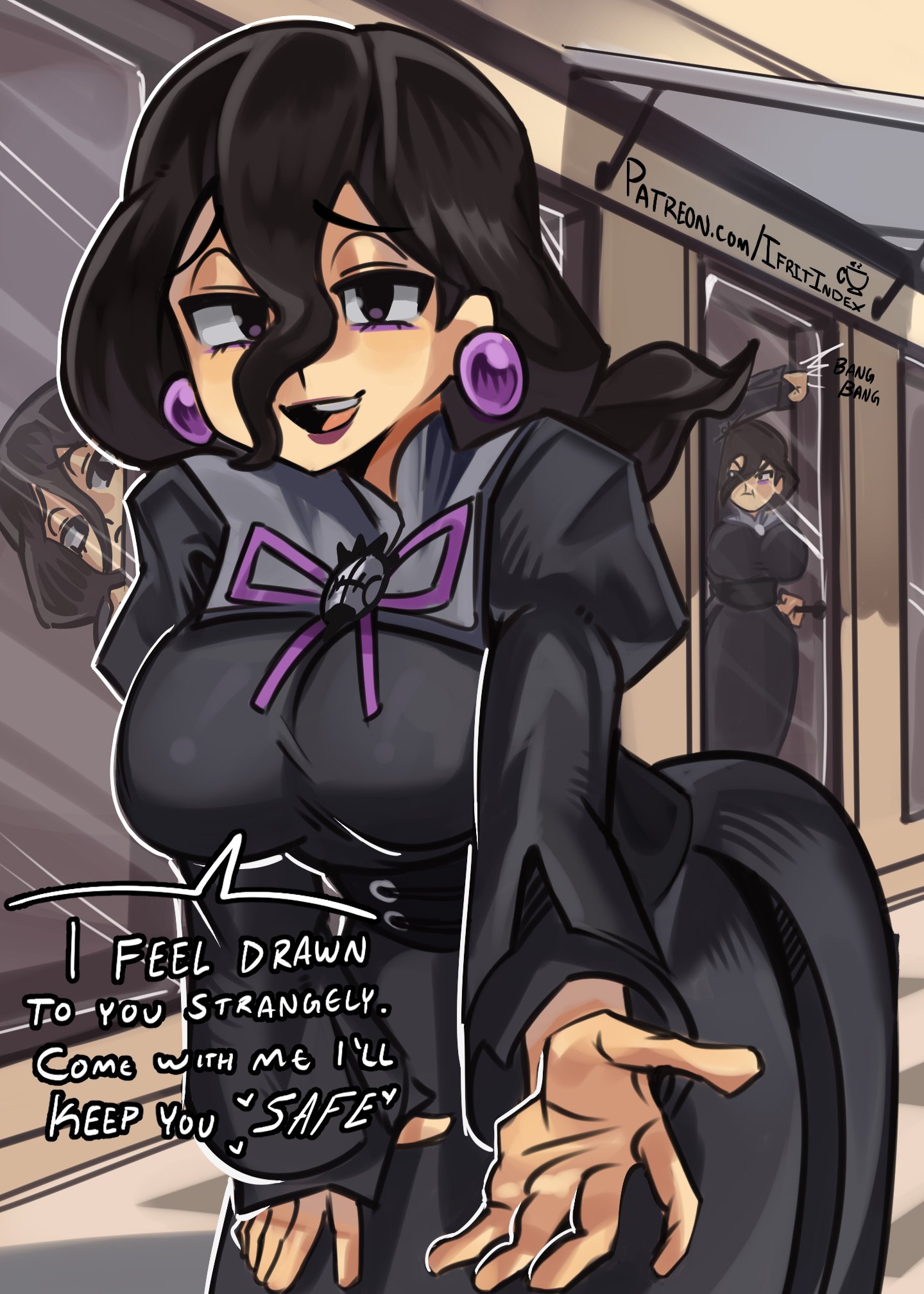 moxydraws, hex maniac (pokemon), hex maniac (pokemon legends: z-a), nintendo, pokemon, pokemon legends: z-a, highres, 3girls, black dress, black hair, breasts, dress, earrings, hair between eyes, jewelry, large breasts, leaning forward, long hair between eyes, medium hair, multiple girls, open mouth, purple eyes, reaching, reaching towards viewer, smile