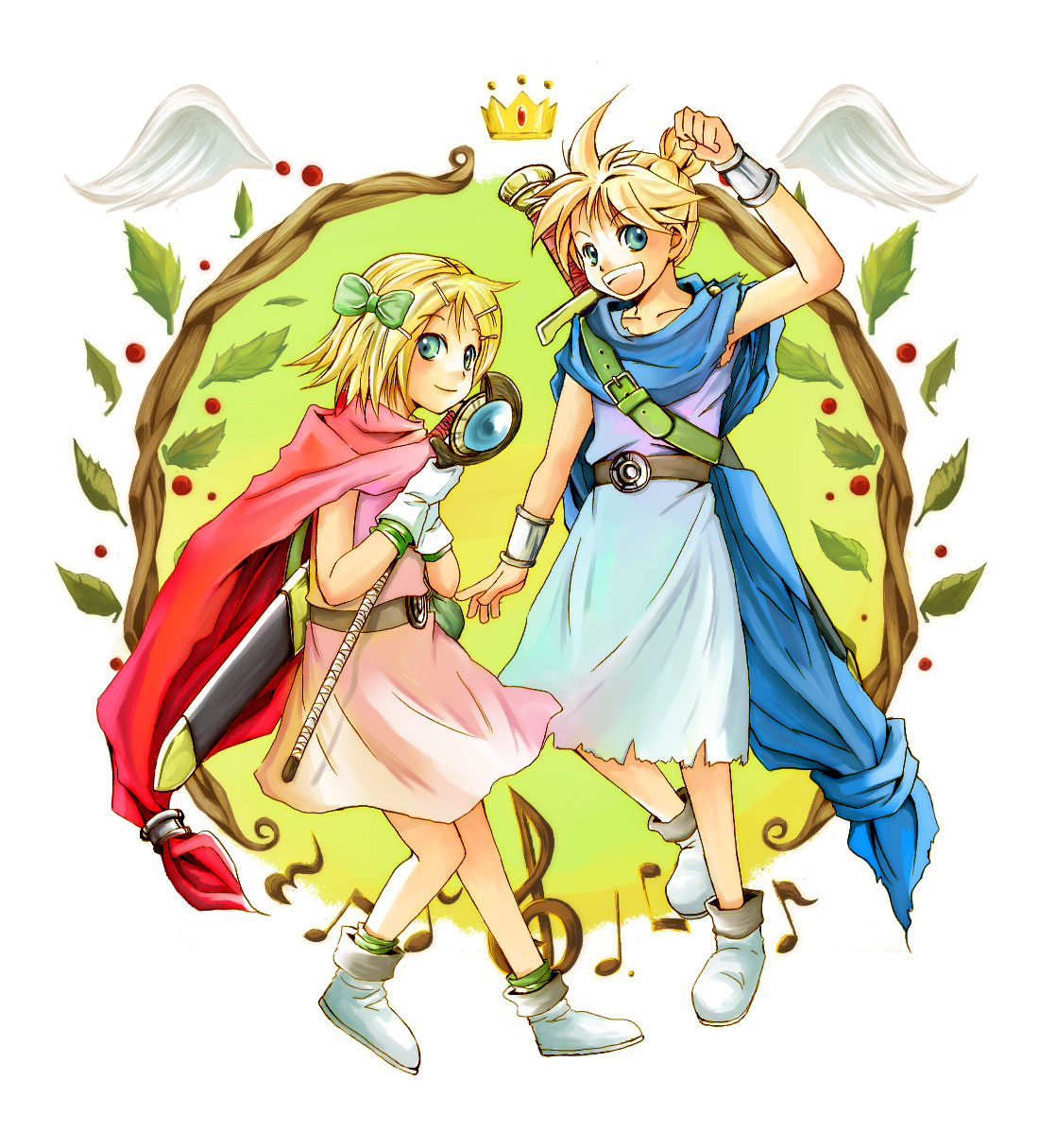 yamasu, hero's daughter (dq5), hero's son (dq5), kagamine len, kagamine rin, dragon quest, dragon quest v, square enix, vocaloid, highres, 1boy, 1girl, blonde hair, blue eyes, bow, brother and sister, cape, child, cosplay, gloves, hair bow, hair ornament, hairclip, hero's daughter (dq5) (cosplay), hero's son (dq5) (cosplay), musical note, short hair, siblings, staff, twins