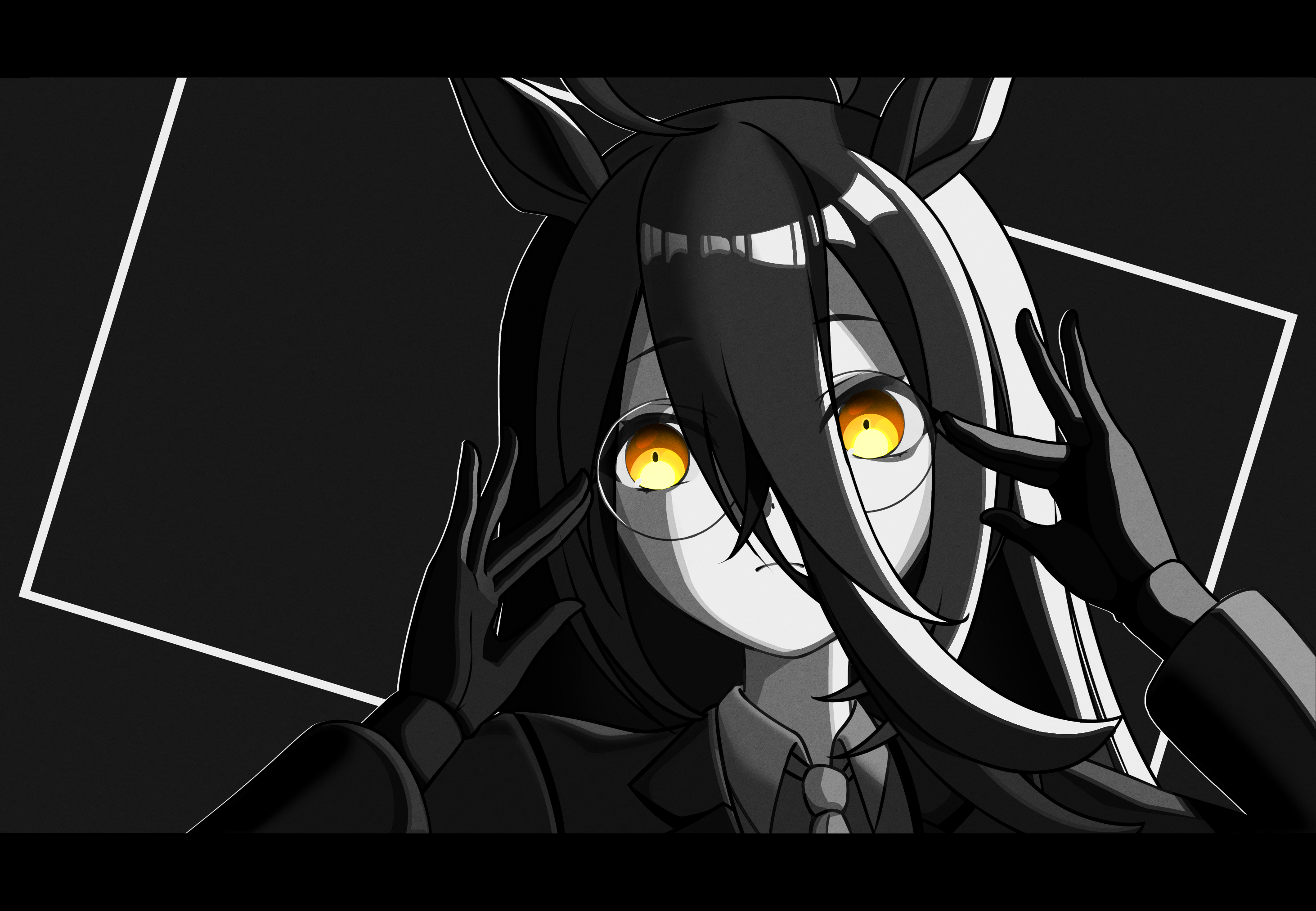 wlldsake, manhattan cafe (creeping black) (umamusume), manhattan cafe (umamusume), umamusume, highres, 1girl, adjusting eyewear, ahoge, animal ears, black coat, black gloves, black hair, black theme, coat, collared shirt, glasses, gloves, hair between eyes, horse ears, horse girl, long bangs, long hair, long hair between eyes, long sleeves, looking at viewer, necktie, round eyewear, shirt, solo, spot color, upper body, yellow eyes