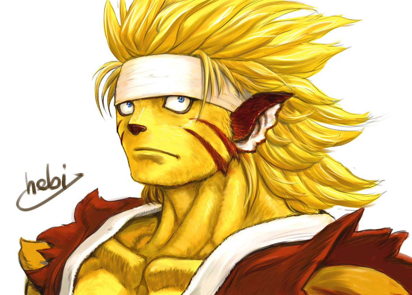 hebina masayoshi, rei (breath of fire), breath of fire, breath of fire iii, bad id, bad pixiv id, 1boy, blonde hair, blue eyes, body fur, furry, furry male, male focus, simple background, solo, upper body, white background