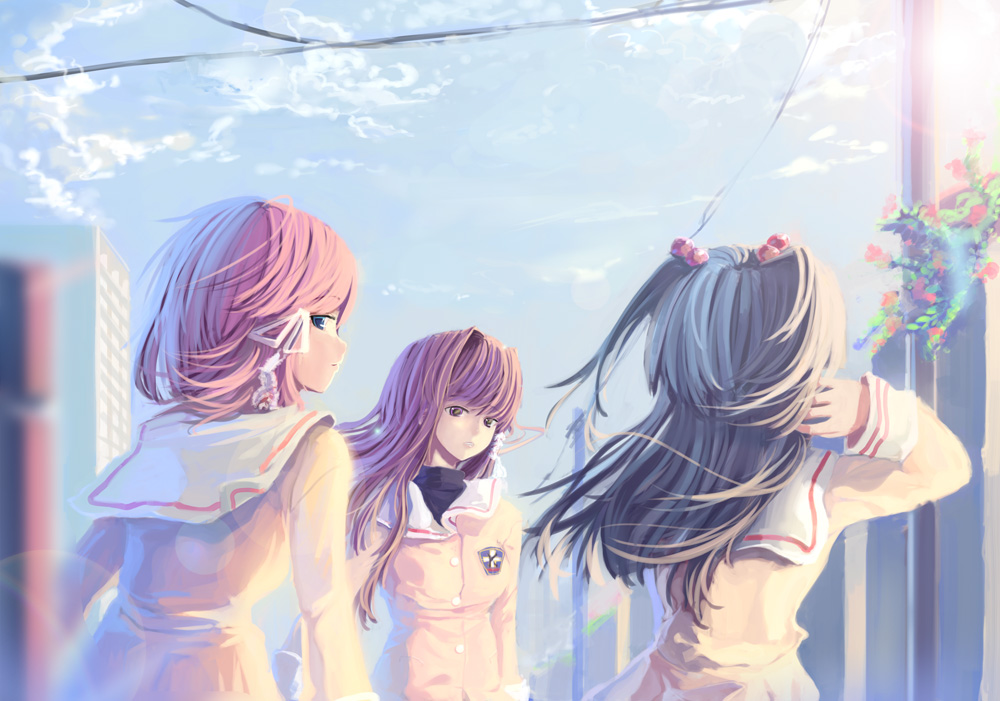 ameru.miro, fujibayashi kyou, fujibayashi ryou, ichinose kotomi, clannad, bad id, bad pixiv id, 00s, 3girls, blue eyes, blue hair, day, hair bobbles, hair ornament, hair ribbon, long hair, multiple girls, outdoors, purple eyes, purple hair, ribbon, school uniform, short hair, siblings, sisters, sky, twins, two side up, wind