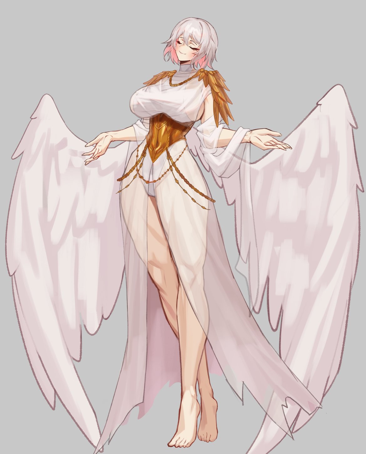 podobrick, original, commission, highres, 1girl, ancient greek clothes, angel wings, barefoot, breasts, closed eyes, closed mouth, colored inner hair, corset, dress, feathered wings, greco-roman clothes, grey background, hair between eyes, large breasts, leotard, metal corset, multicolored hair, peplos, pink hair, see-through clothes, see-through dress, see-through sleeves, solo, thick thighs, thighs, two-tone hair, white hair, wings